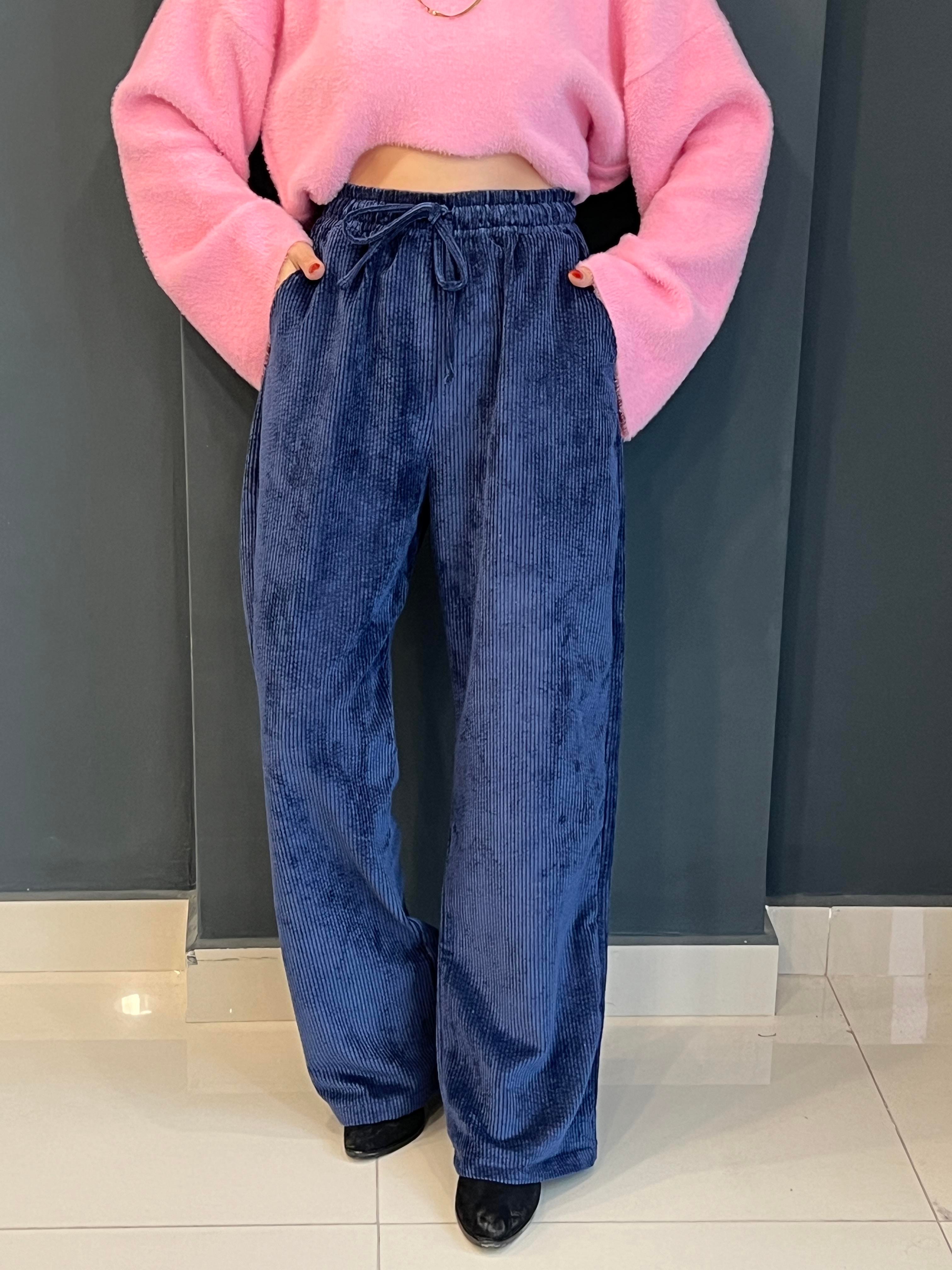 LACİVERT BELİ LASTİKLİ FİTİLLİ KADİFE PANTOLON 