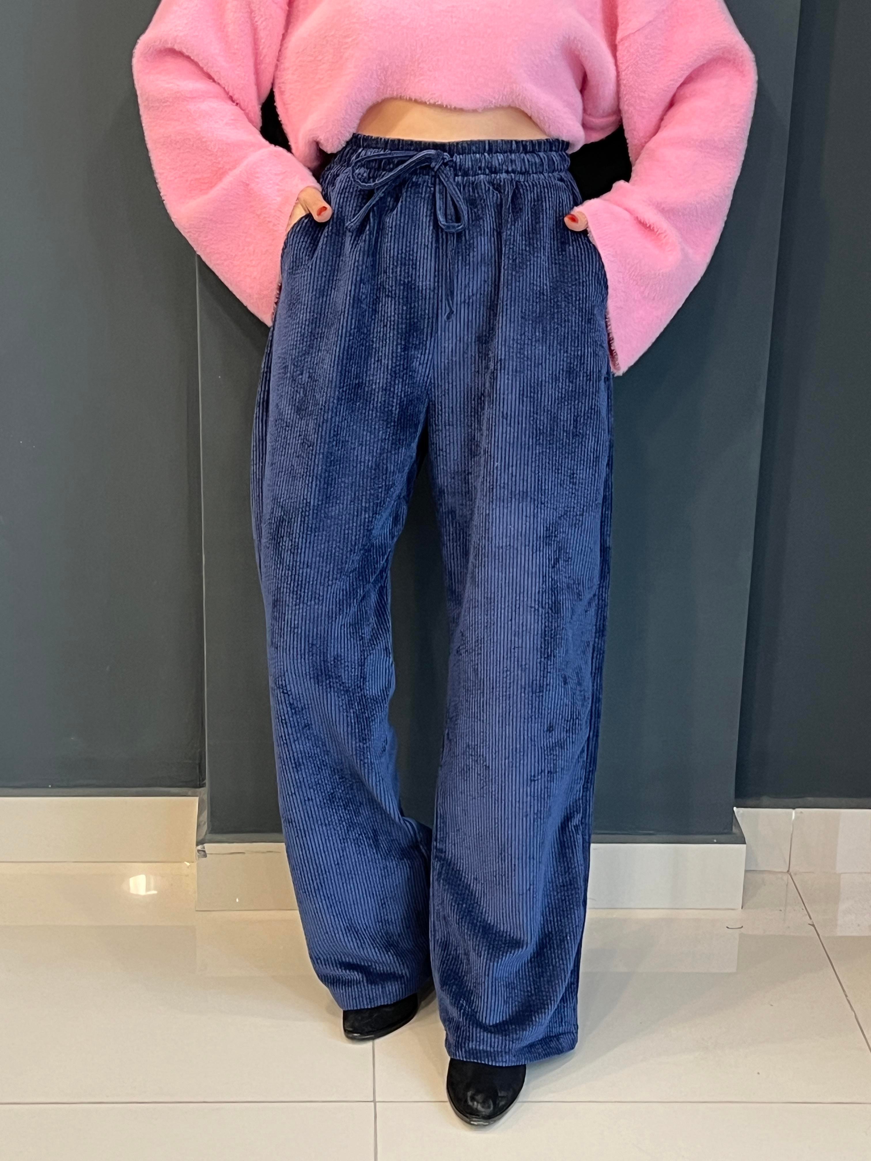 LACİVERT BELİ LASTİKLİ FİTİLLİ KADİFE PANTOLON 