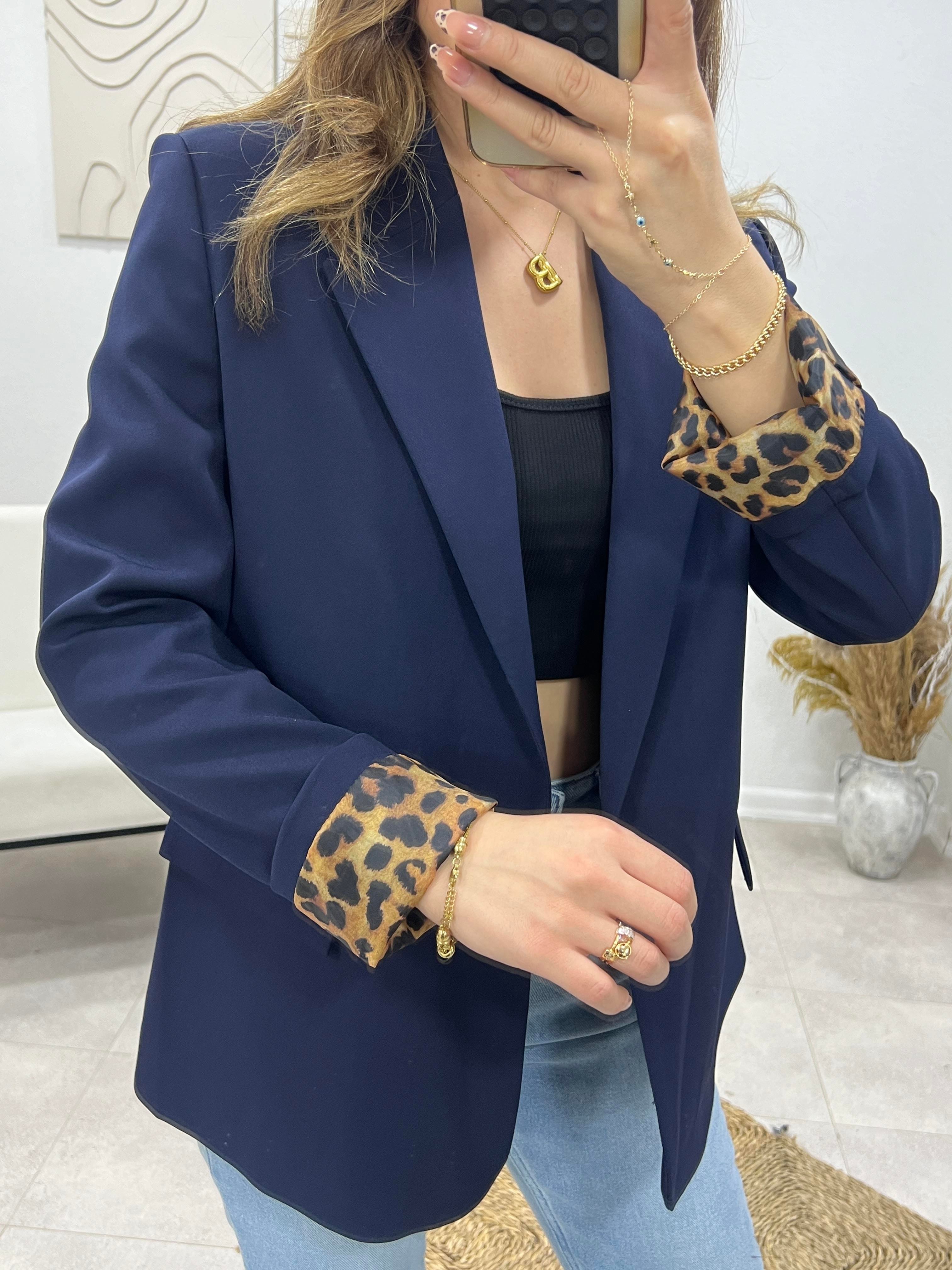 LACİVERT KOLLARI LEOPARLI BLAZER CEKET 
