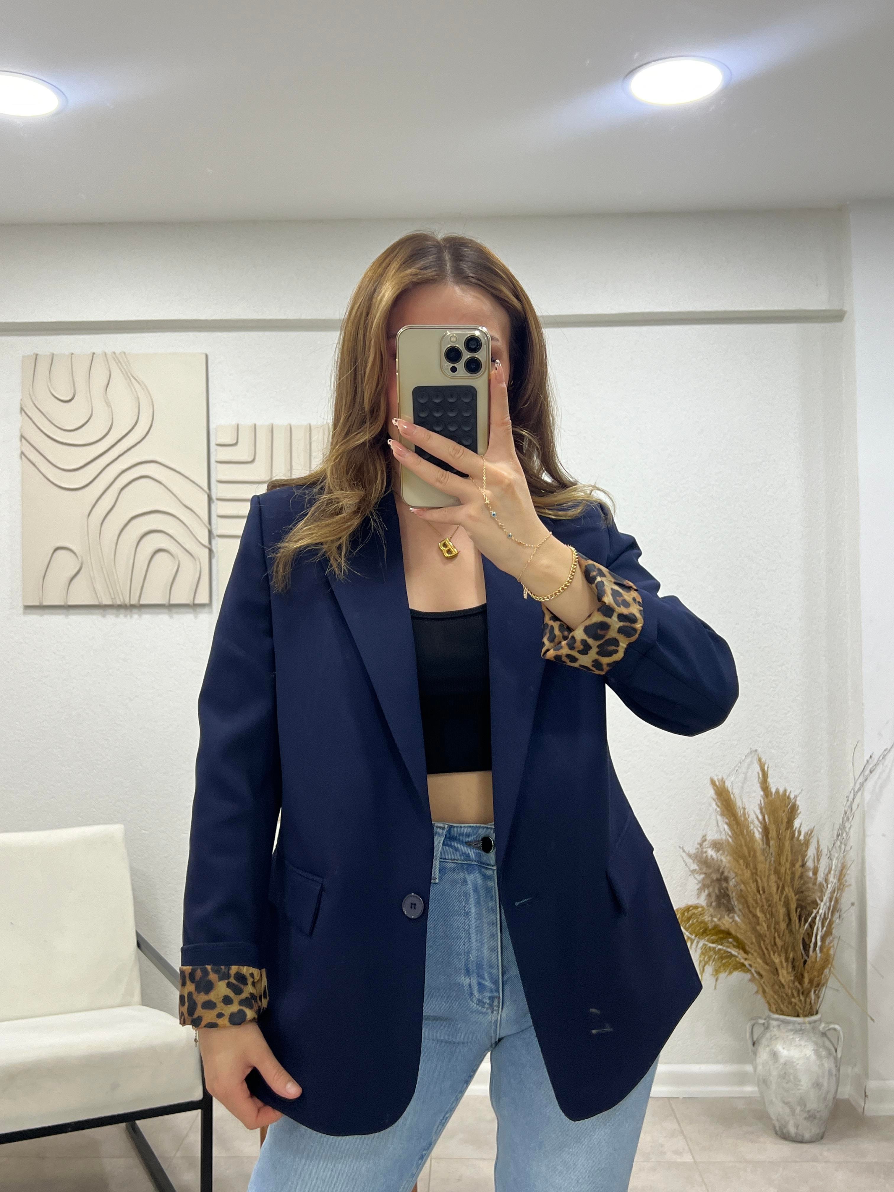 LACİVERT KOLLARI LEOPARLI BLAZER CEKET 