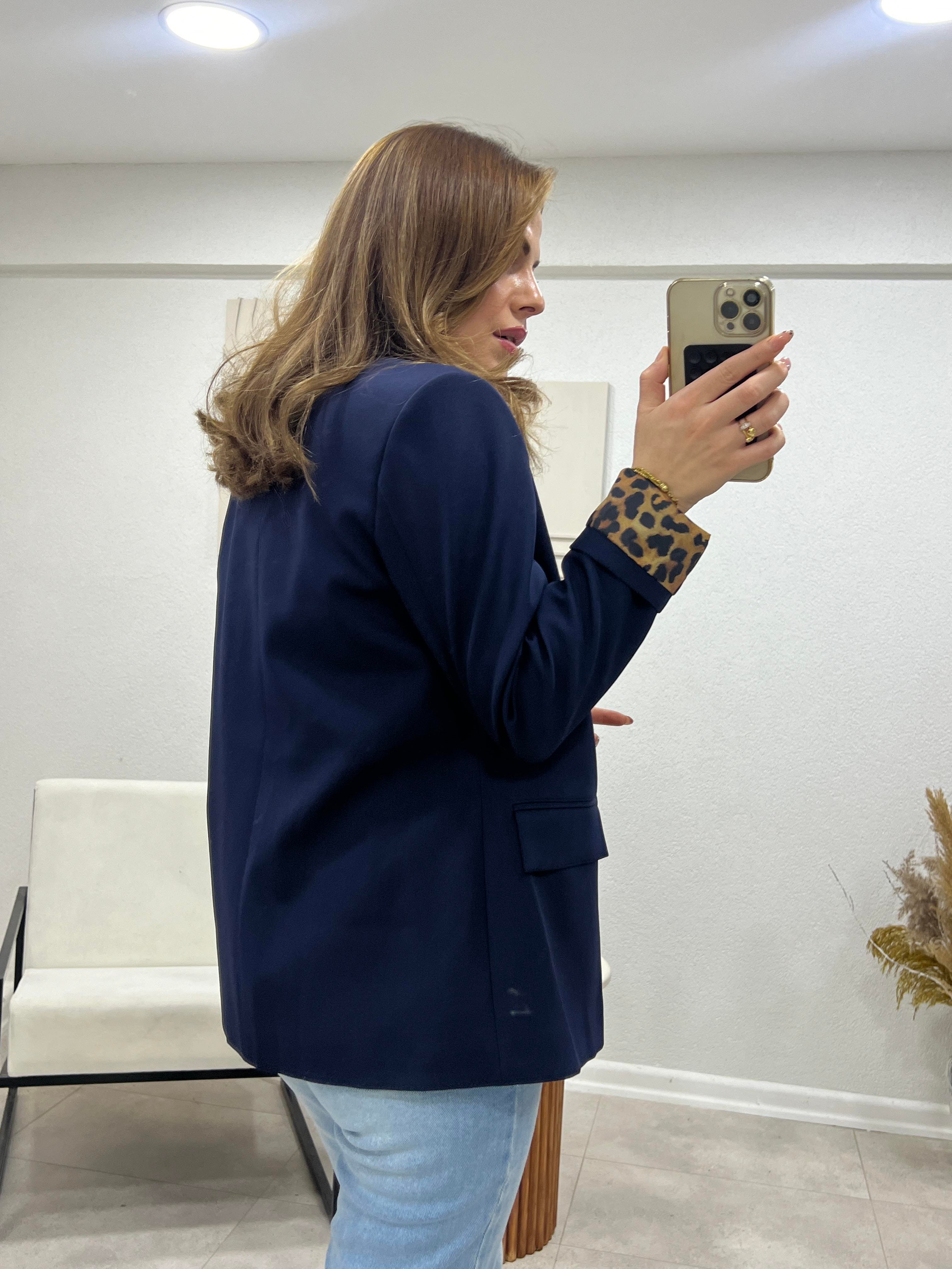 LACİVERT KOLLARI LEOPARLI BLAZER CEKET 