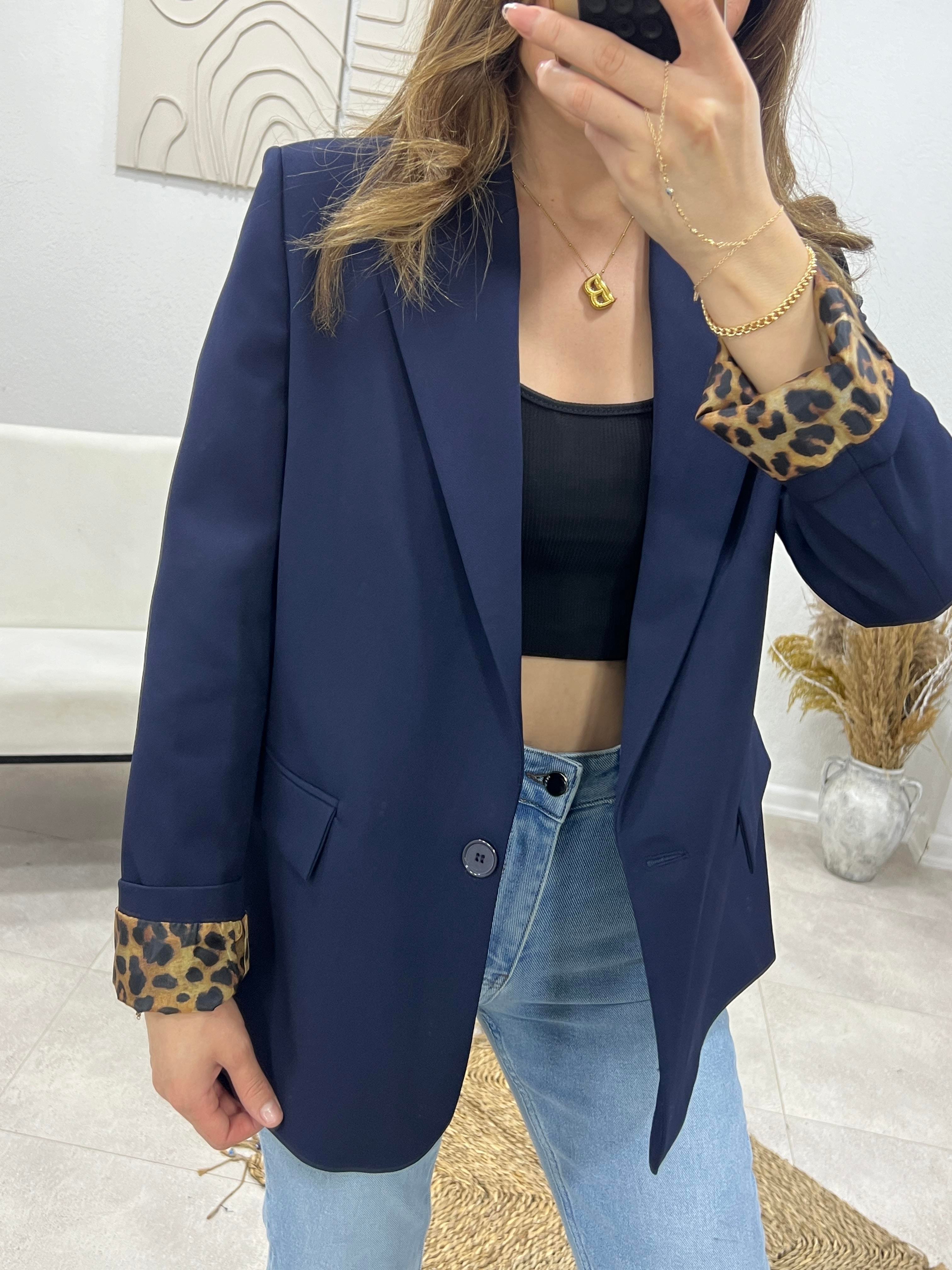 LACİVERT KOLLARI LEOPARLI BLAZER CEKET 