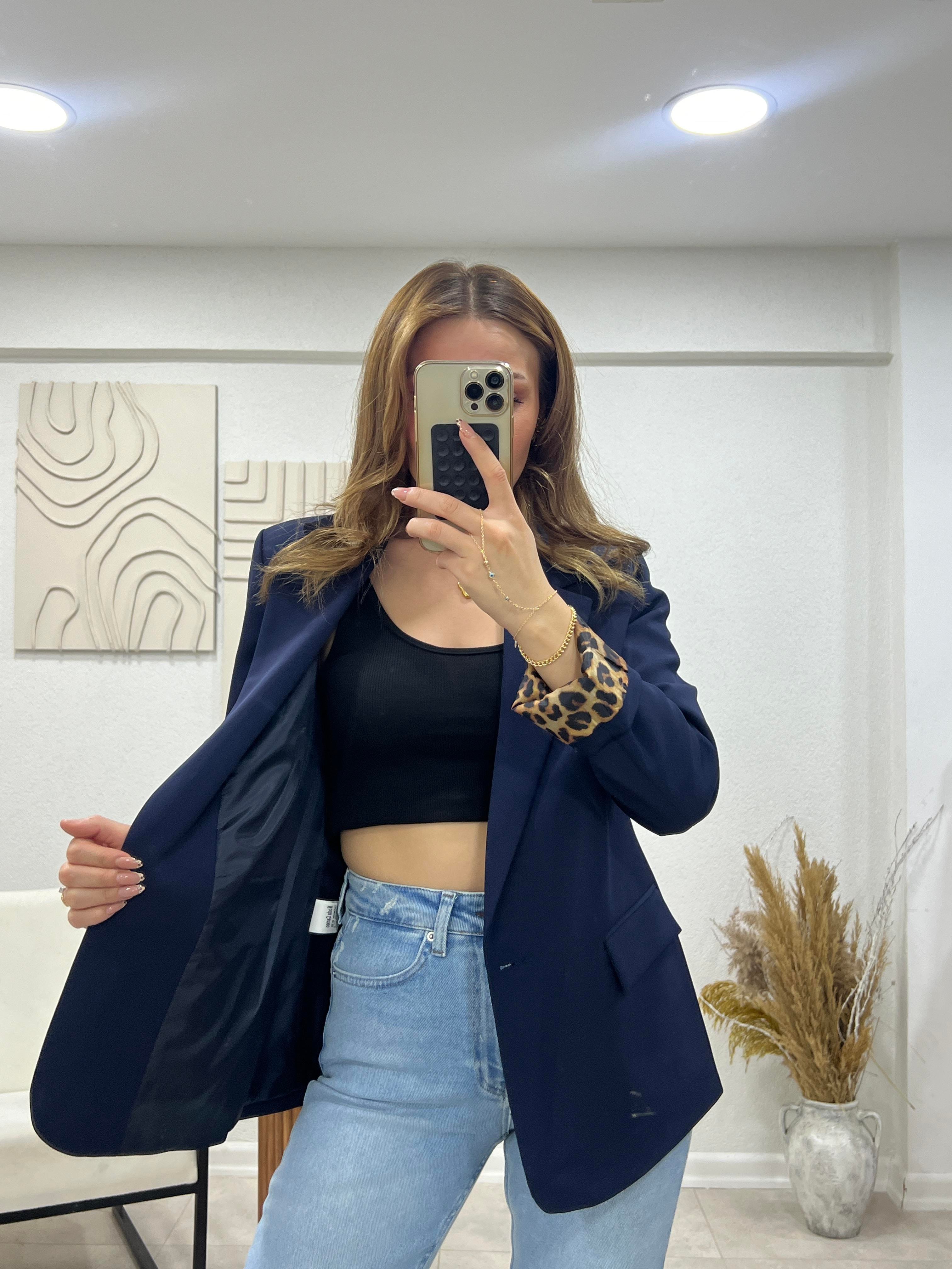 LACİVERT KOLLARI LEOPARLI BLAZER CEKET 