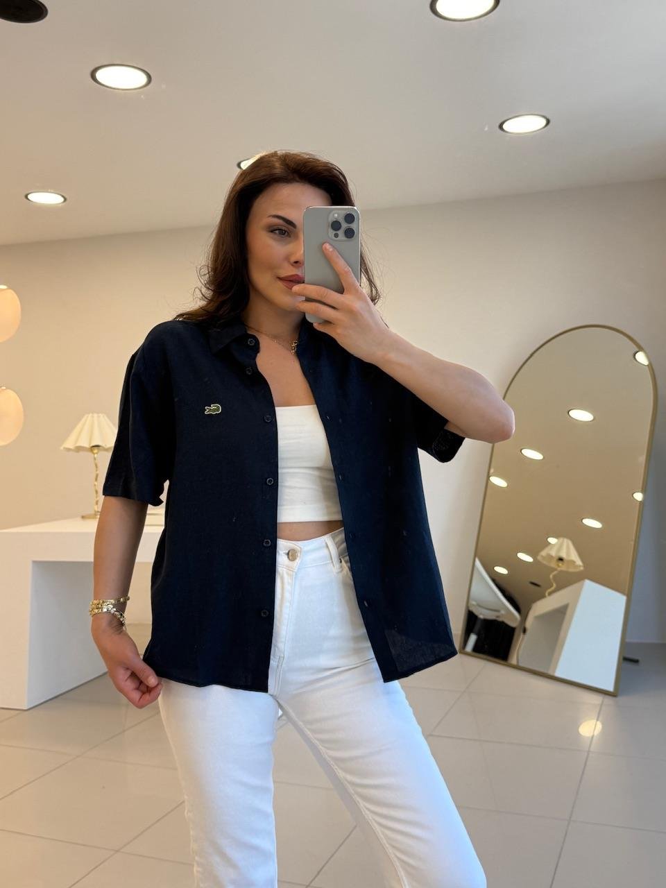 LCS KISA KOL KETEN GÖMLEK LACİVERT