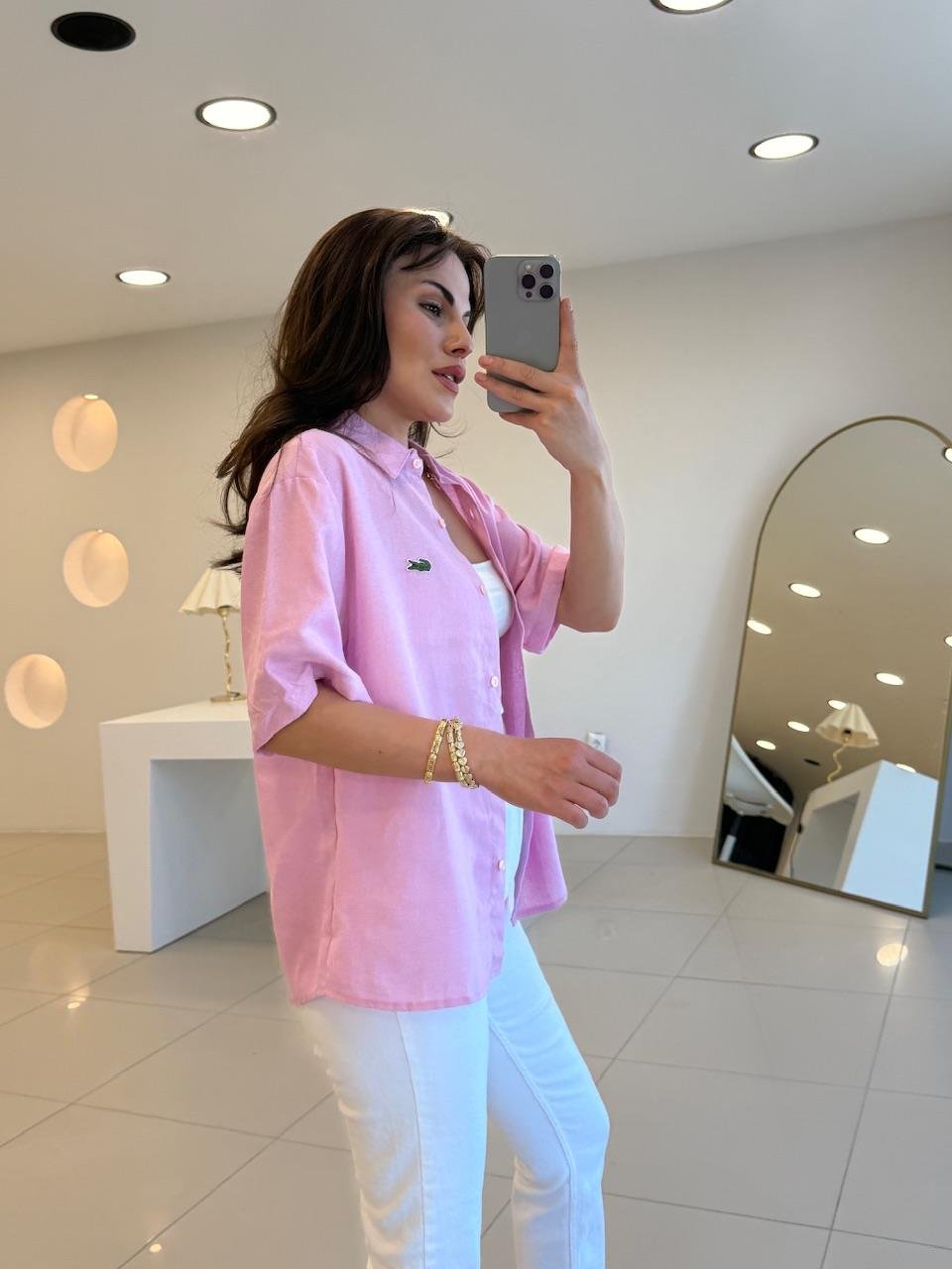LCS KISA KOL KETEN GÖMLEK PEMBE