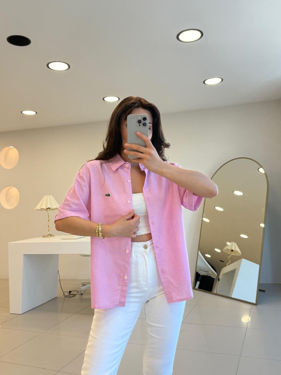LCS KISA KOL KETEN GÖMLEK PEMBE