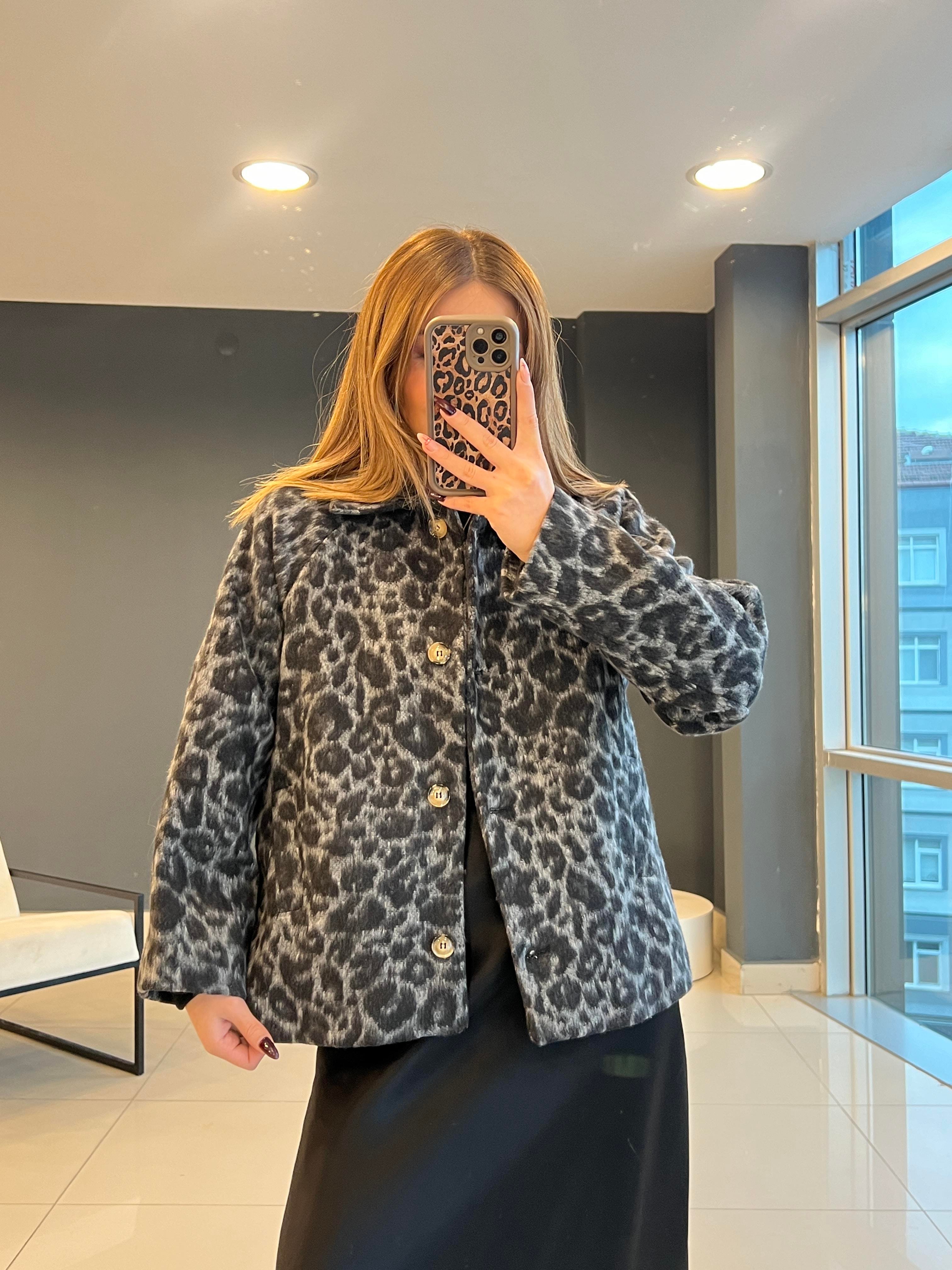 LEOPAR DESEN GRİ KAŞE CEKET 