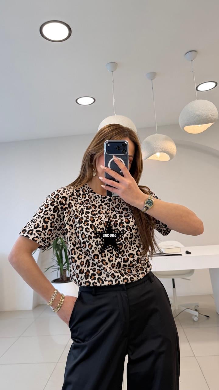 LEOPAR DESEN ÖNÜ YILDIZLI THSIRT