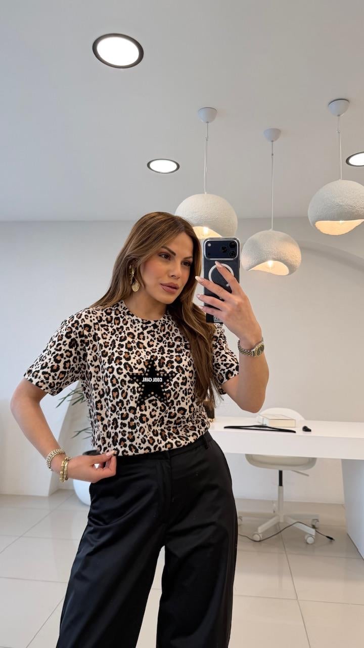 LEOPAR DESEN ÖNÜ YILDIZLI THSIRT