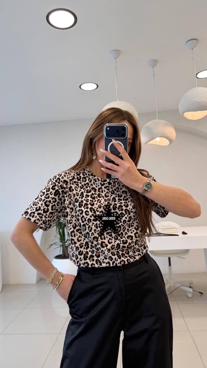 LEOPAR DESEN ÖNÜ YILDIZLI THSIRT