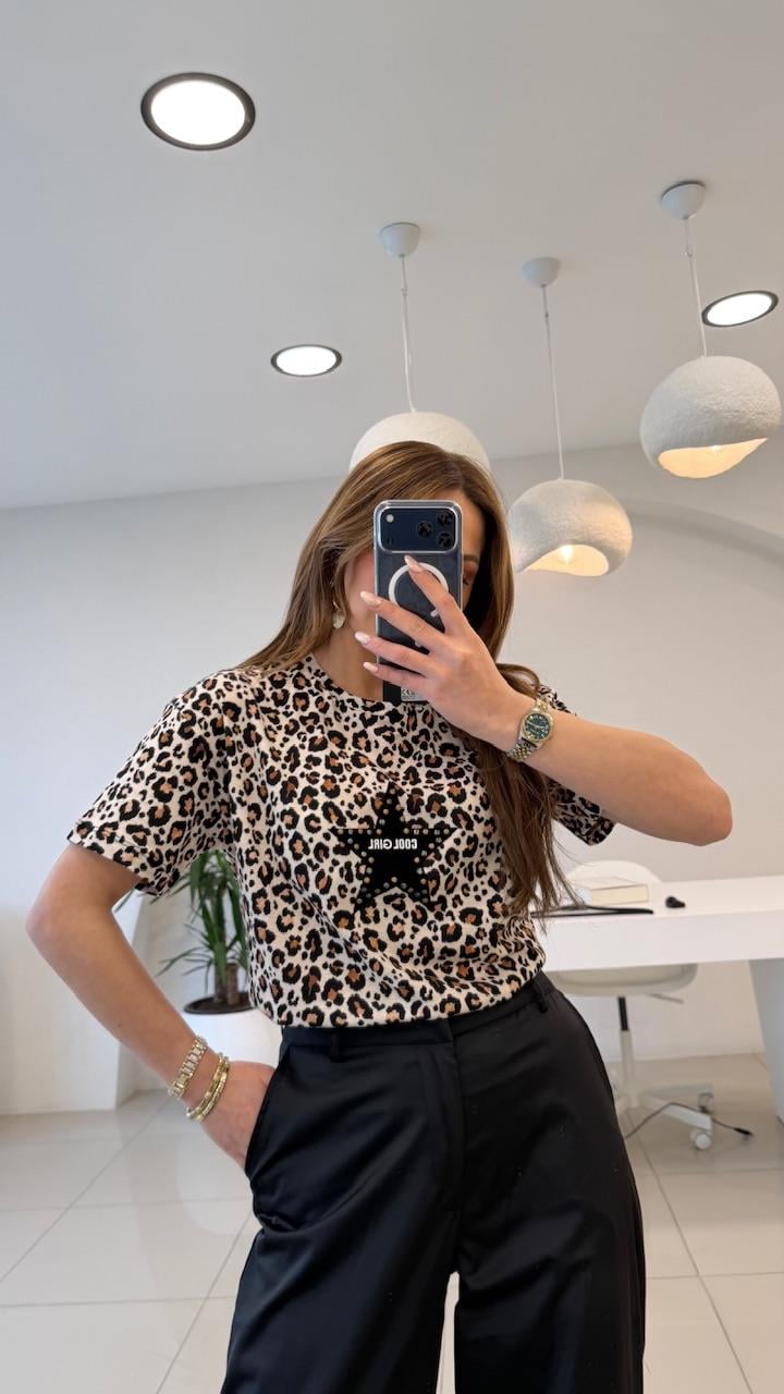 LEOPAR DESEN ÖNÜ YILDIZLI THSIRT