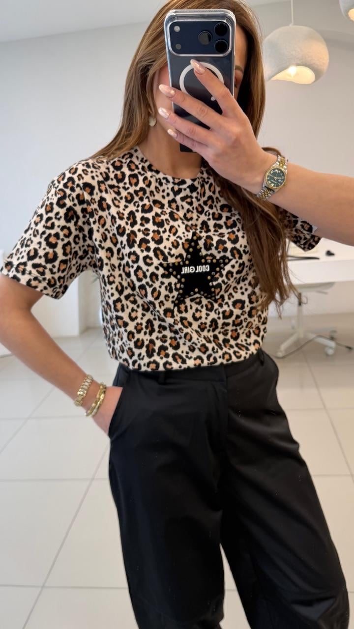 LEOPAR DESEN ÖNÜ YILDIZLI THSIRT
