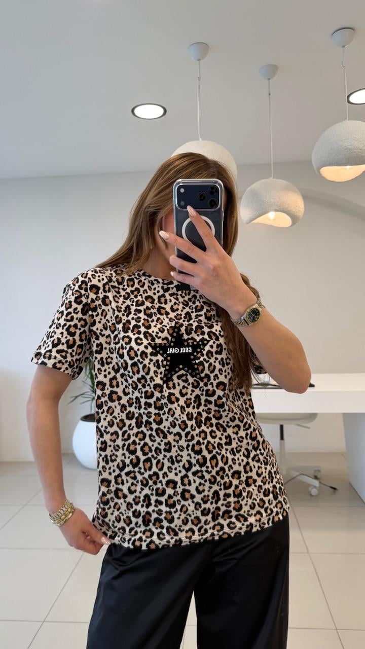 LEOPAR DESEN ÖNÜ YILDIZLI THSIRT
