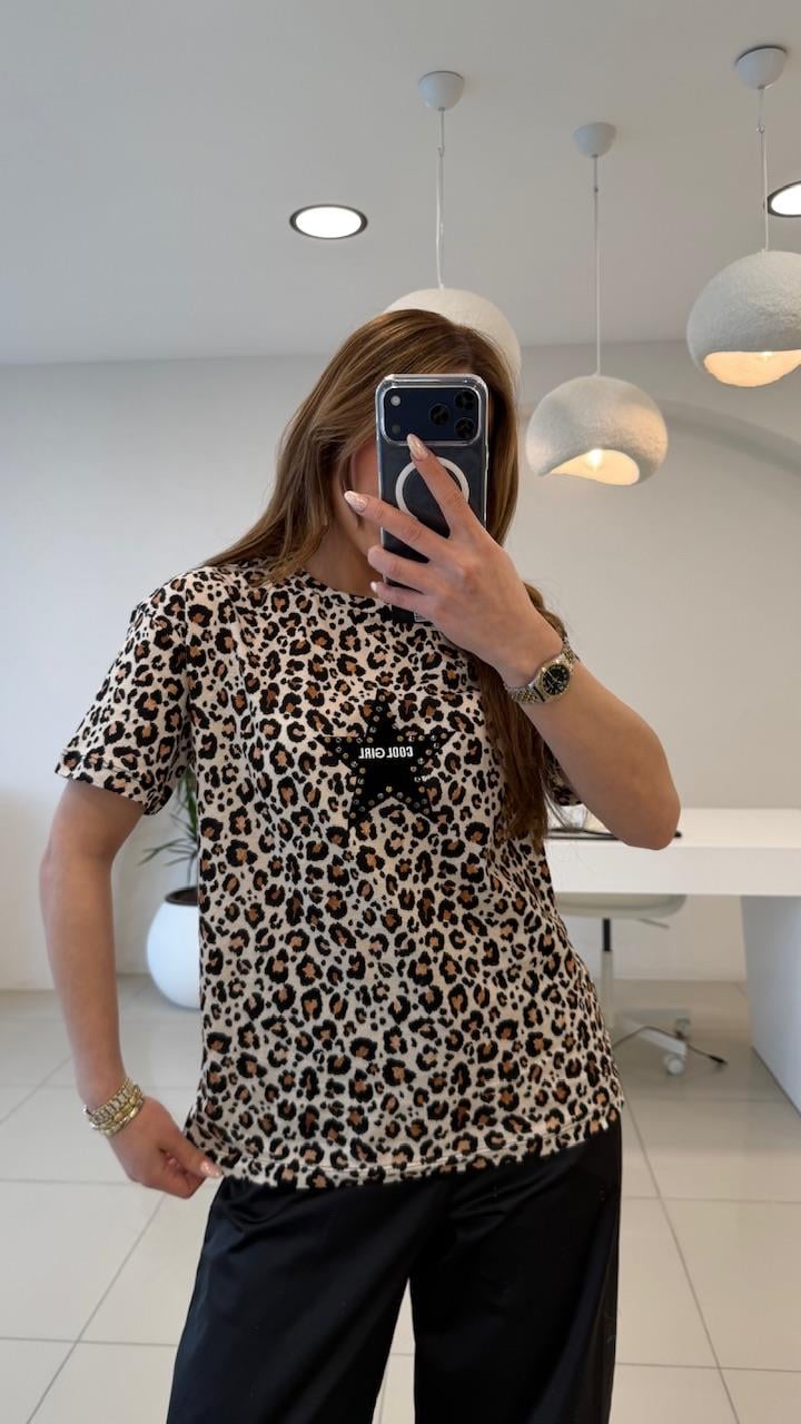LEOPAR DESEN ÖNÜ YILDIZLI THSIRT