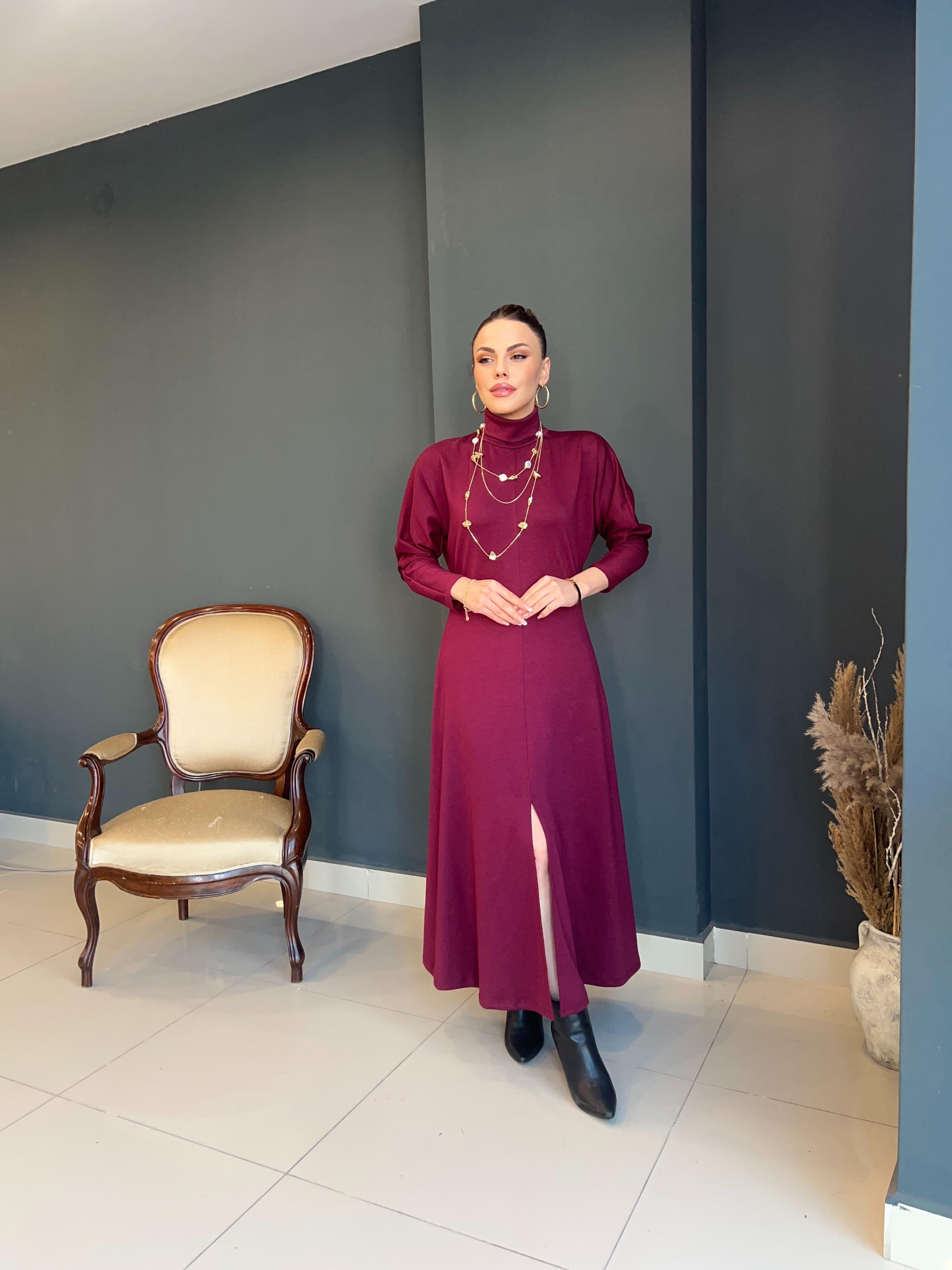LÜKS KALİTE MODAL KUMAŞ BORDO DİK YAKA ELBİSE