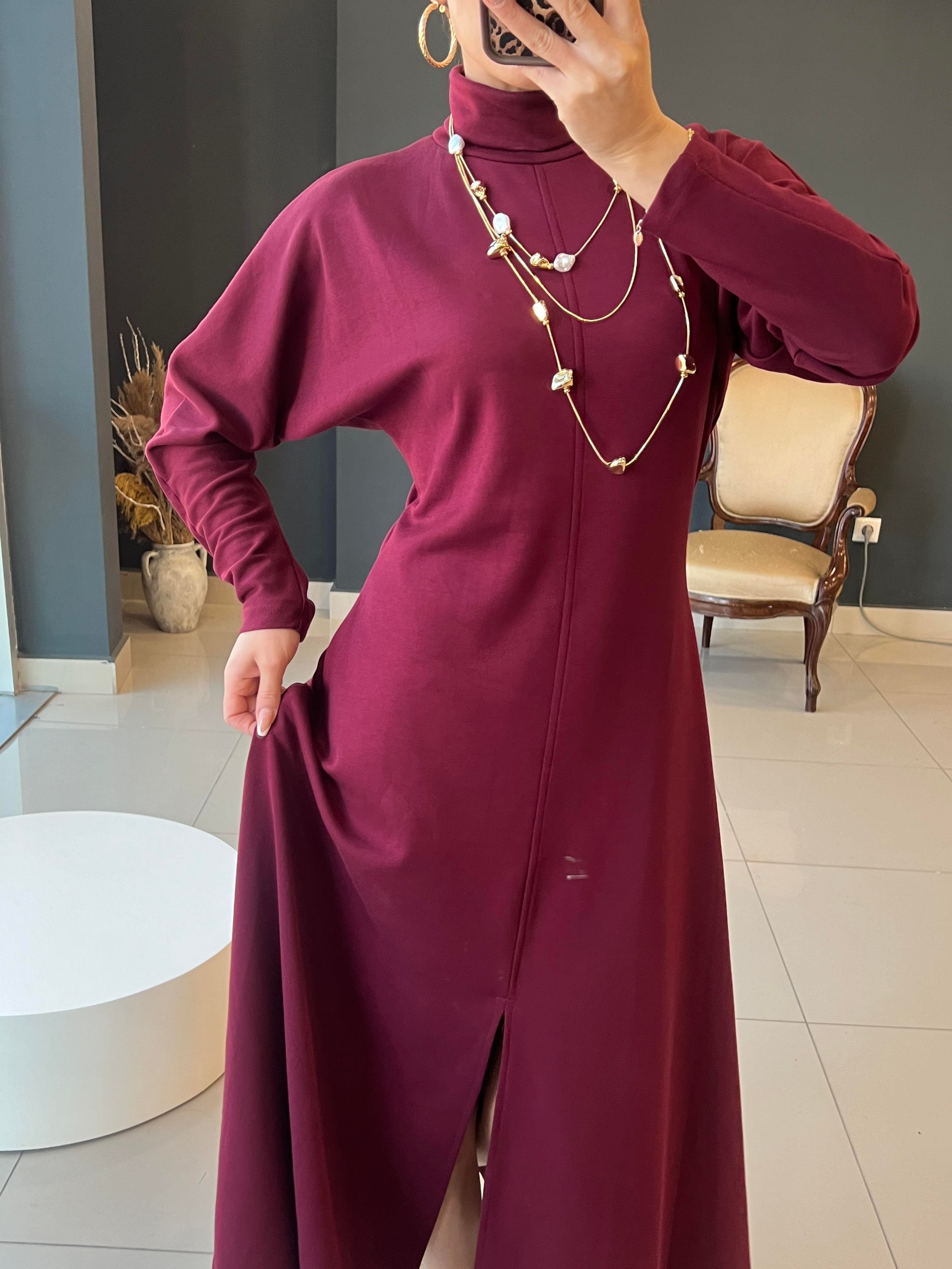 LÜKS KALİTE MODAL KUMAŞ BORDO DİK YAKA ELBİSE