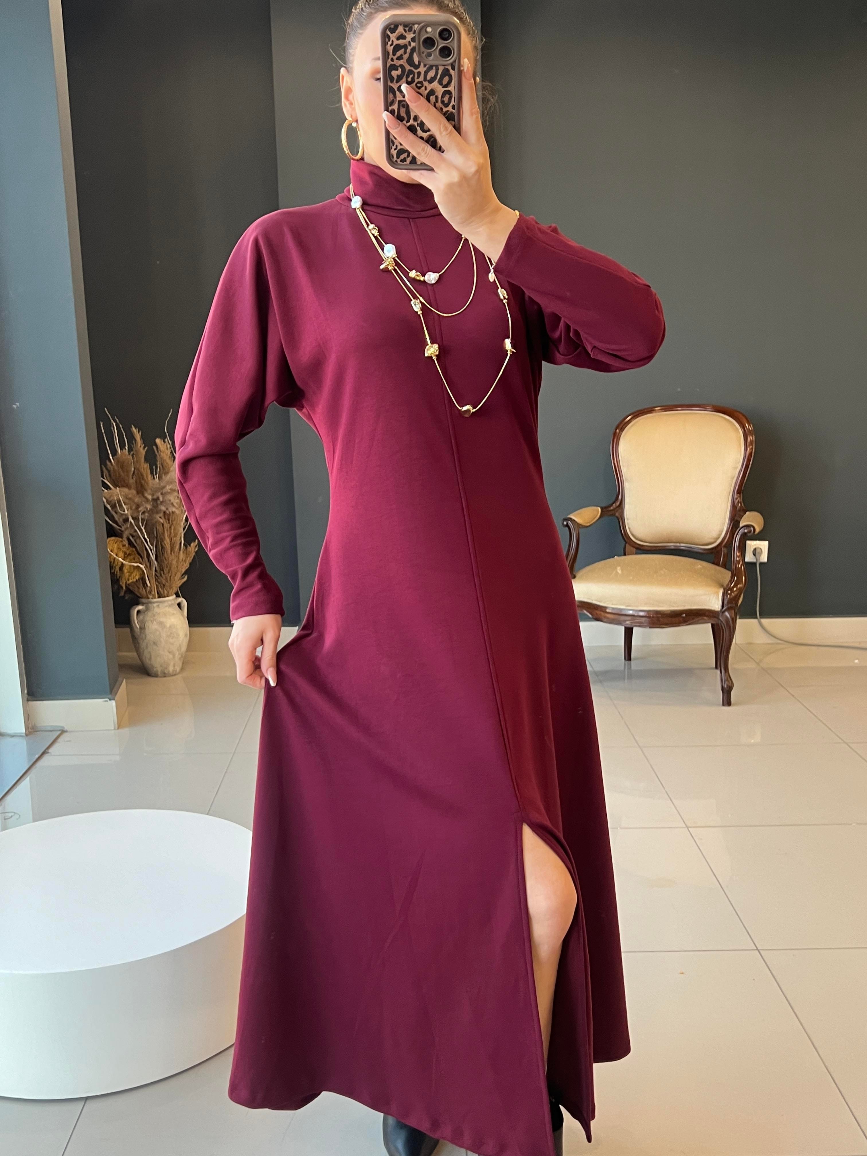 LÜKS KALİTE MODAL KUMAŞ BORDO DİK YAKA ELBİSE