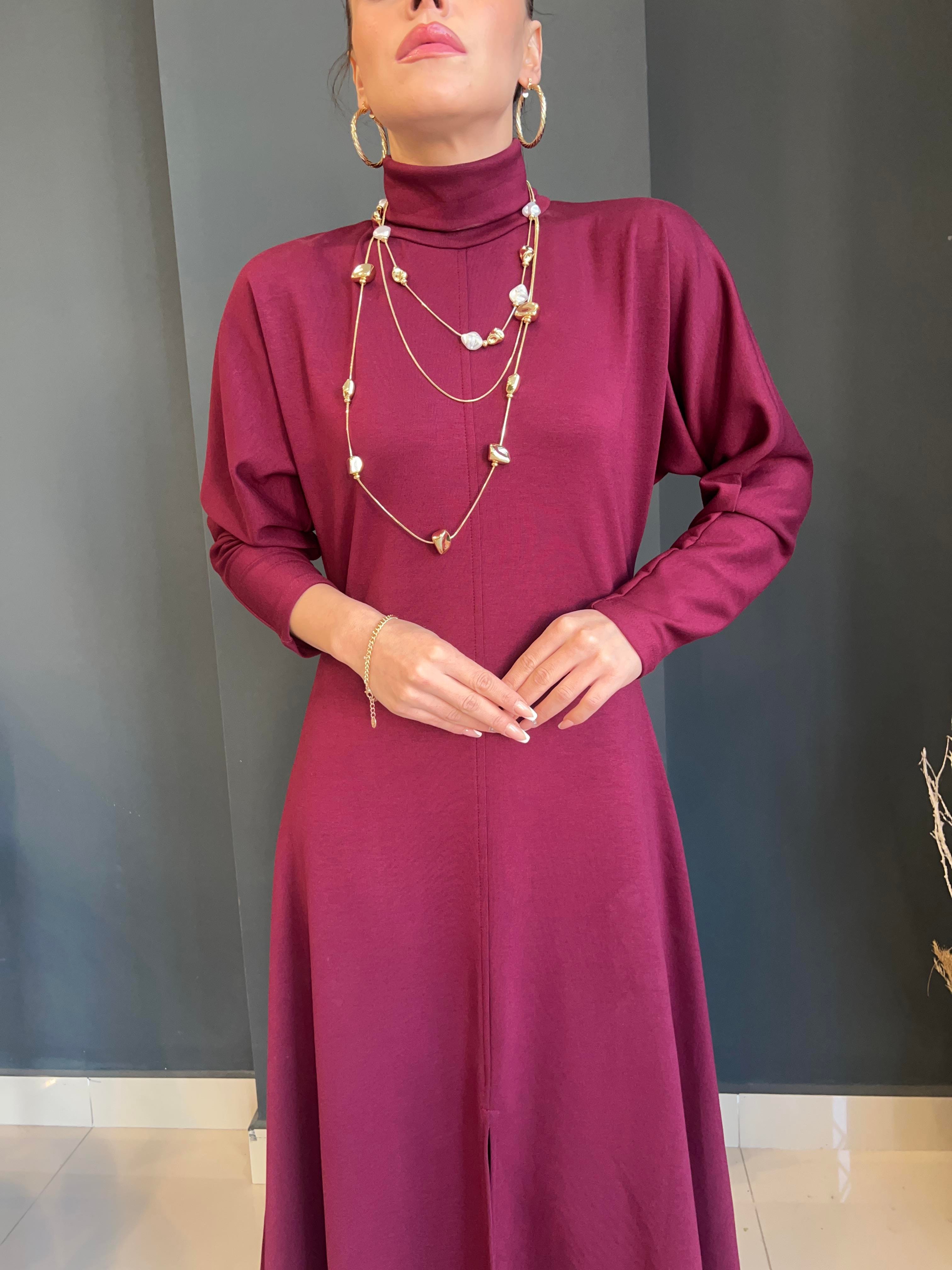 LÜKS KALİTE MODAL KUMAŞ BORDO DİK YAKA ELBİSE