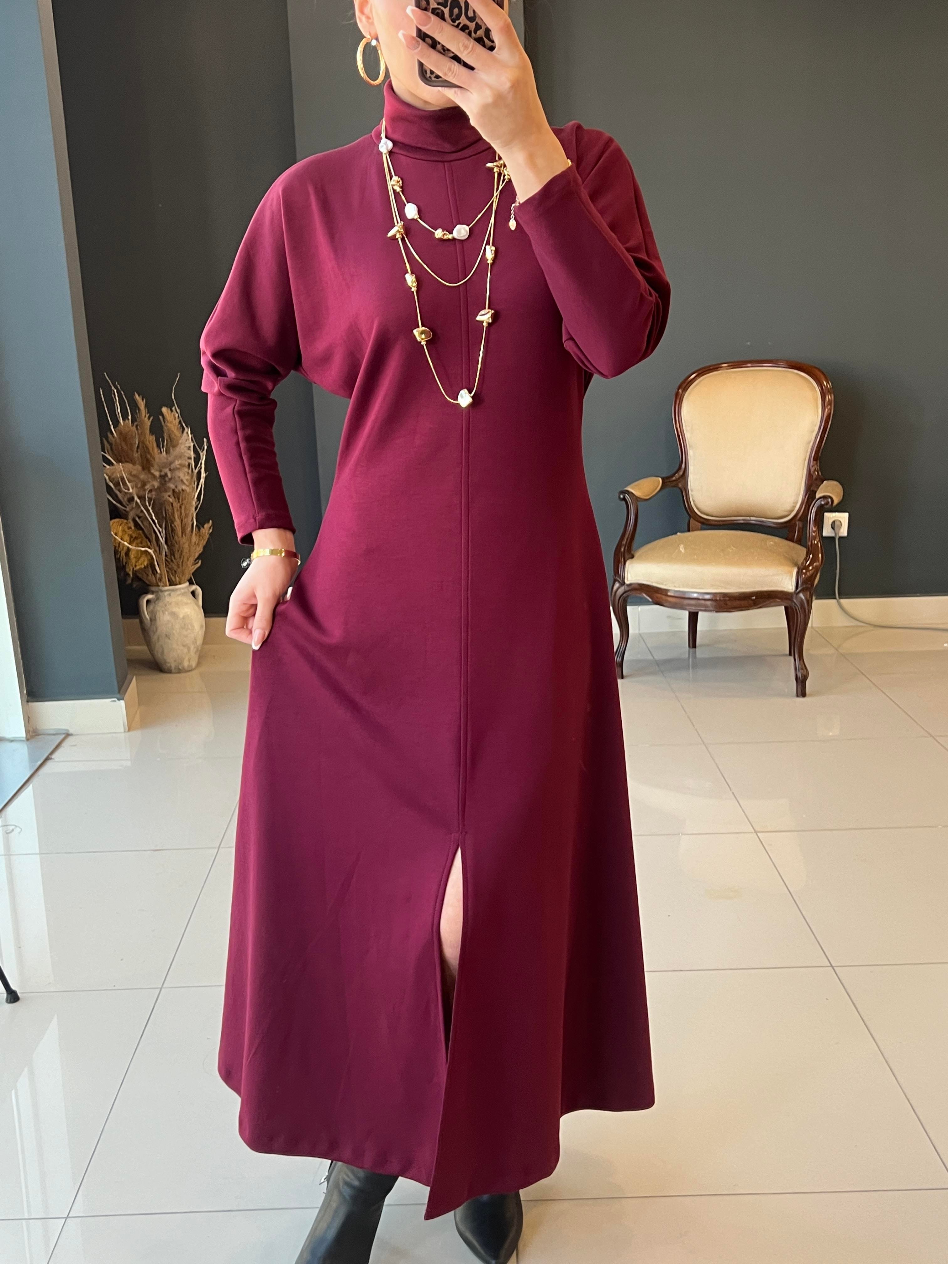 LÜKS KALİTE MODAL KUMAŞ BORDO DİK YAKA ELBİSE