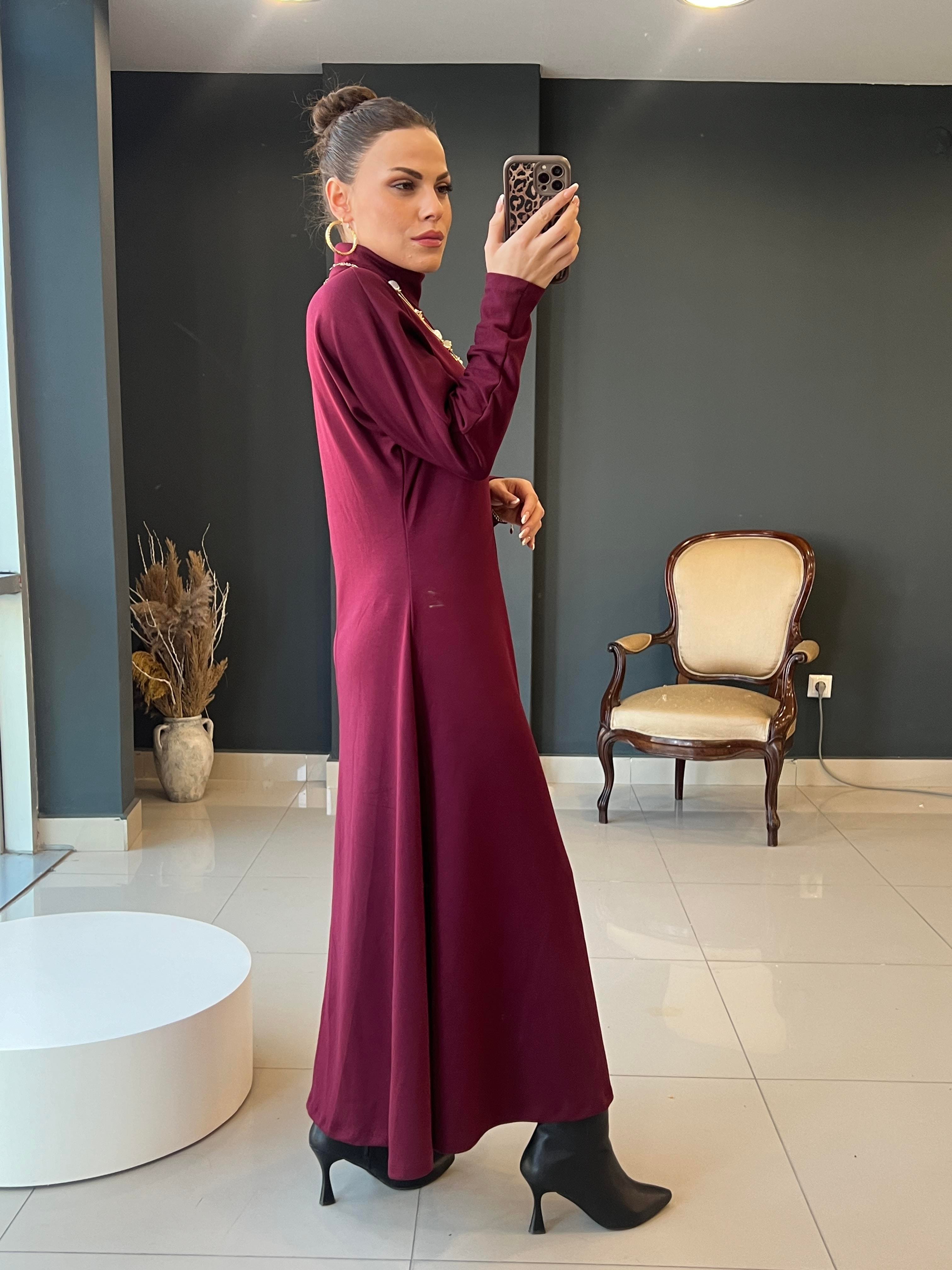 LÜKS KALİTE MODAL KUMAŞ BORDO DİK YAKA ELBİSE