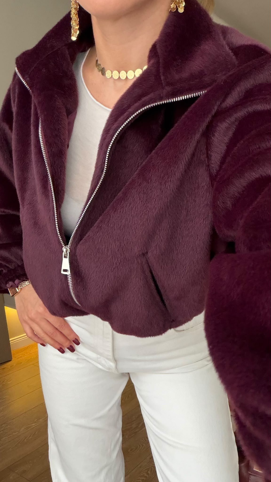 Marka Model Fermuarlı Cepli Kısa Pelüş Bomber Ceket Bordo