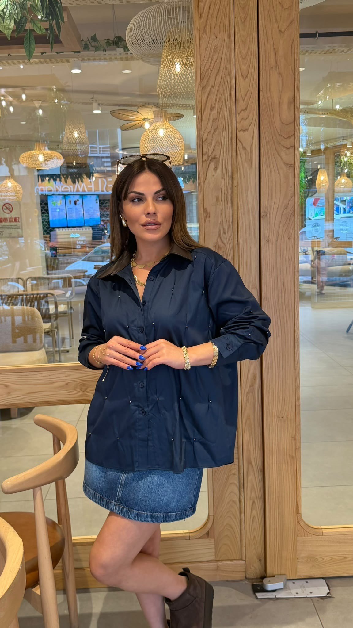 Marka Model Tasarım Deri yakalı Poplin Gömlek Lacivert