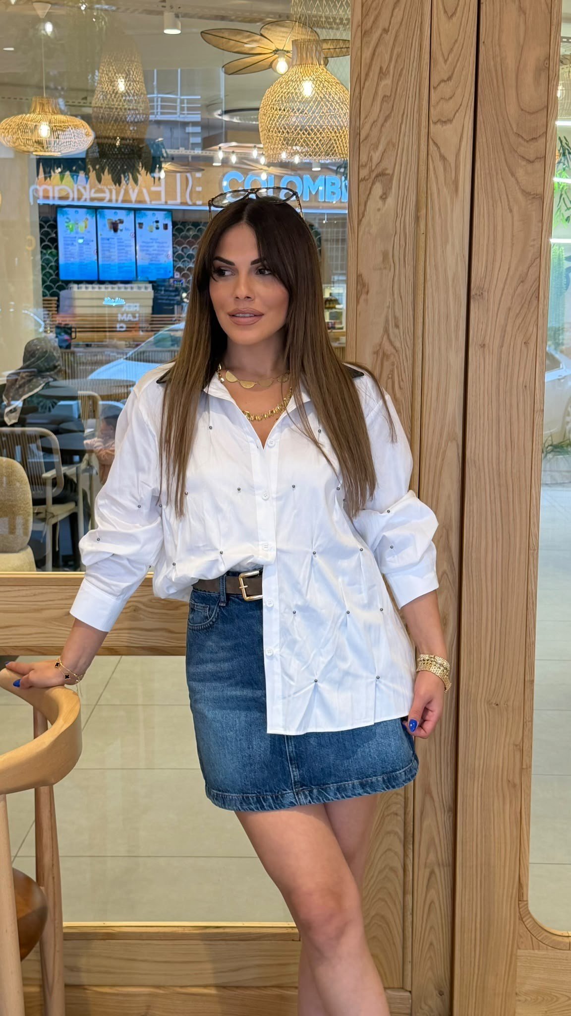 Marka Model Tasarım Deri yakalı Poplin Gömlek Beyaz