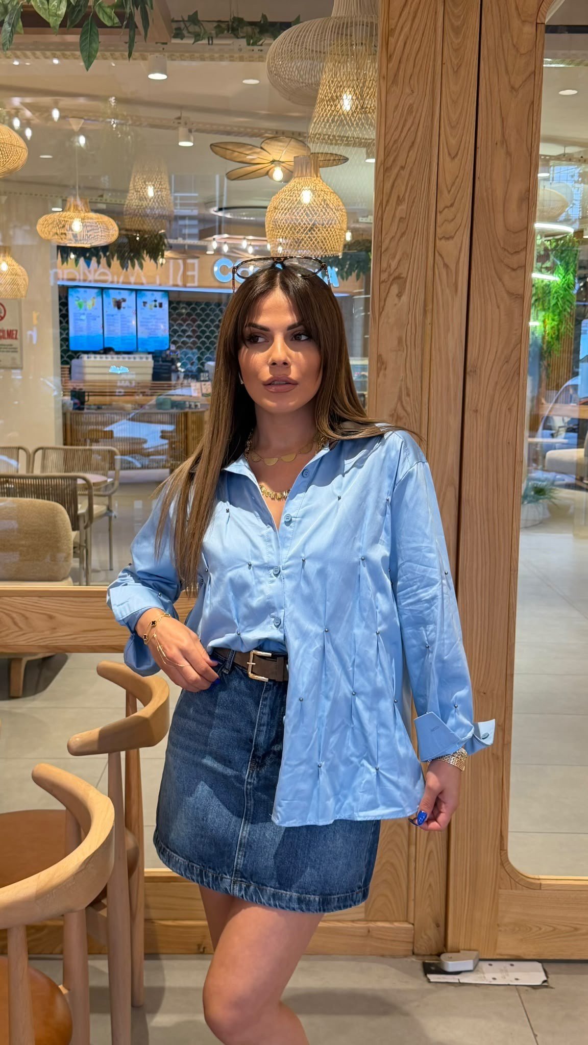 Marka Model Tasarım Deri yakalı Poplin Gömlek Mavi