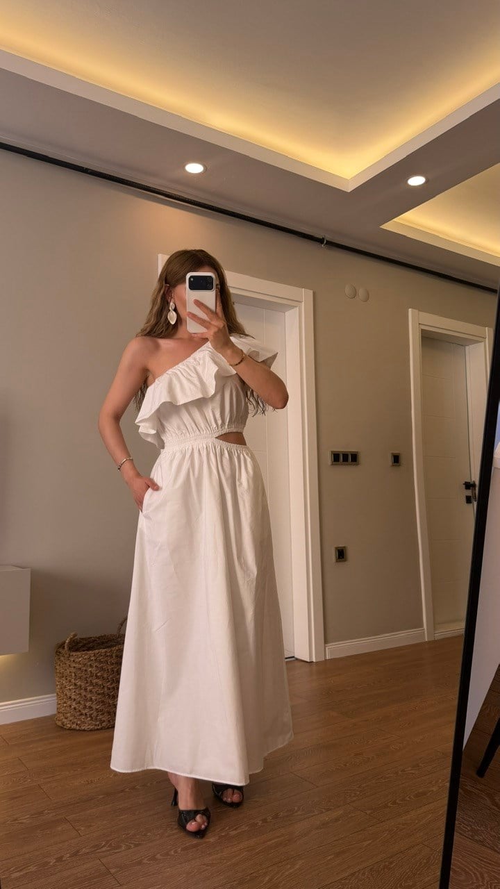 MARKA MODEL TEK OMUZ MAXİ KLOŞ ELBİSE BEYAZ