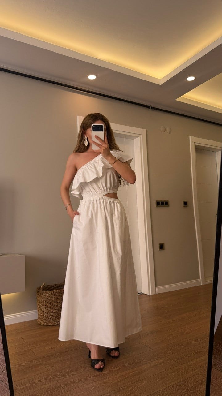 MARKA MODEL TEK OMUZ MAXİ KLOŞ ELBİSE BEYAZ