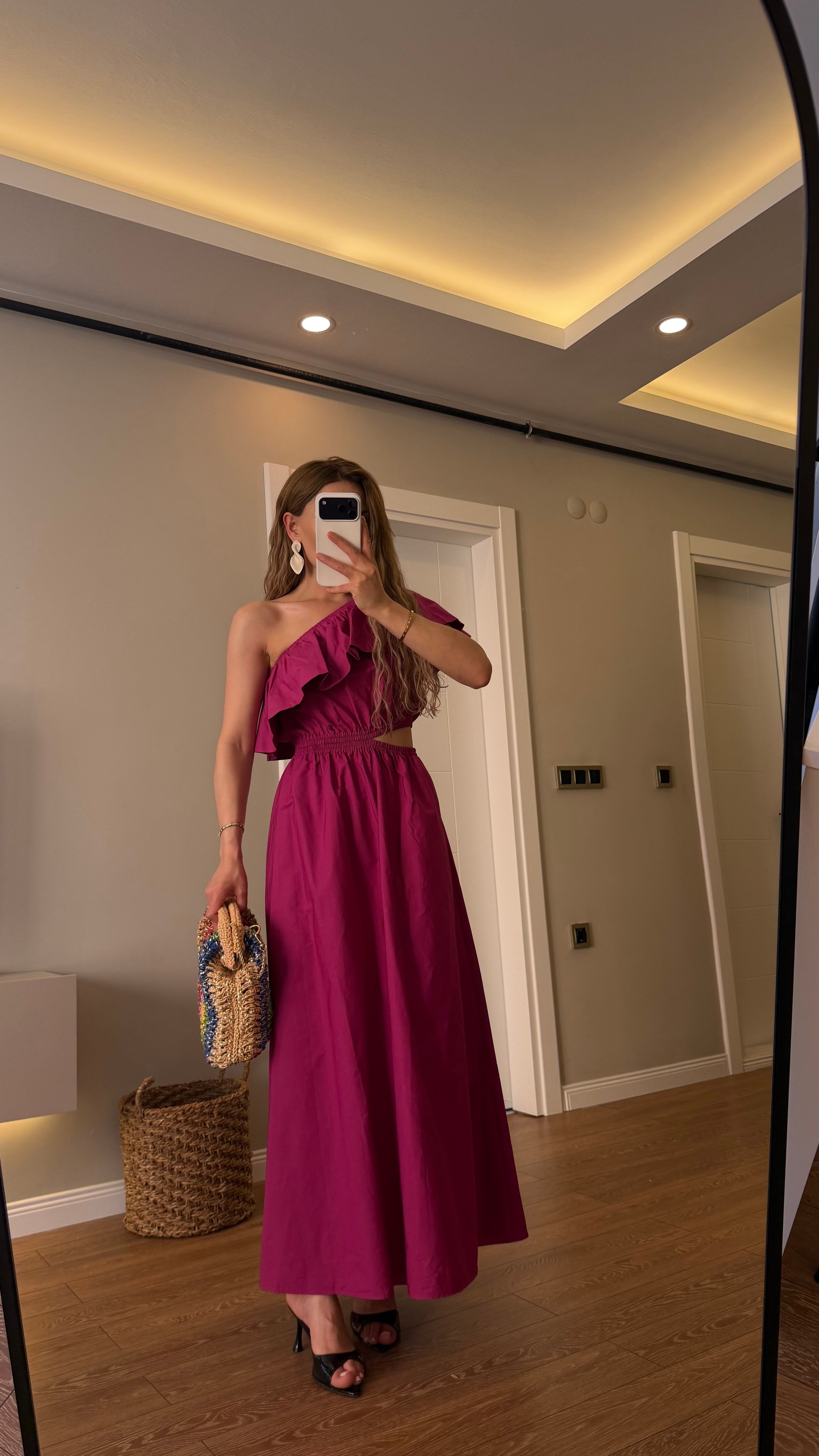 MARKA MODEL TEK OMUZ MAXİ KLOŞ ELBİSE FUŞYA