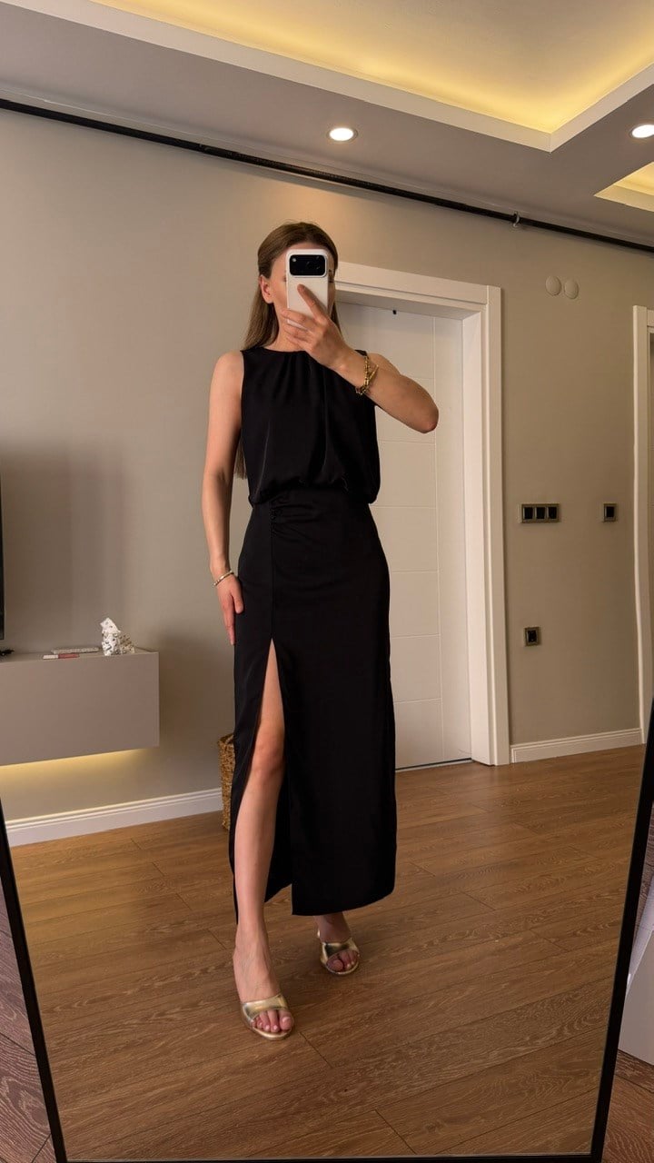 MARKA MODEL YIRTMAÇLI ELBİSE SİYAH
