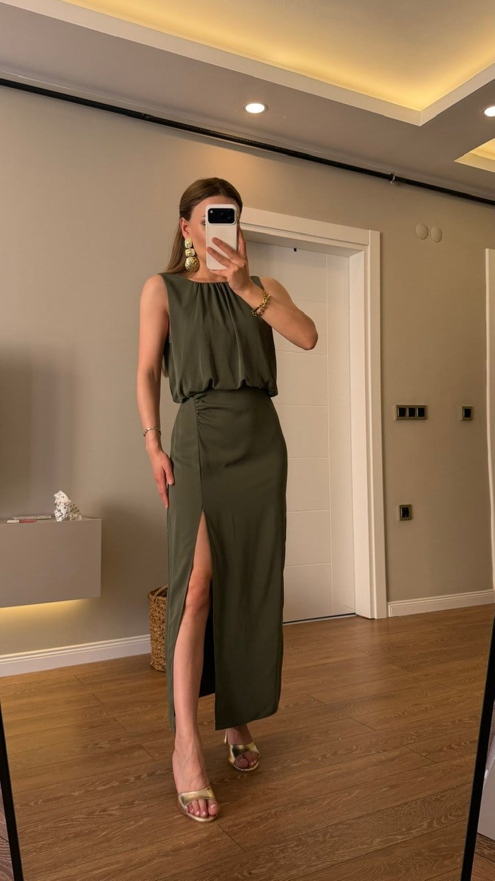 MARKA MODEL YIRTMAÇLI ELBİSE YEŞİL
