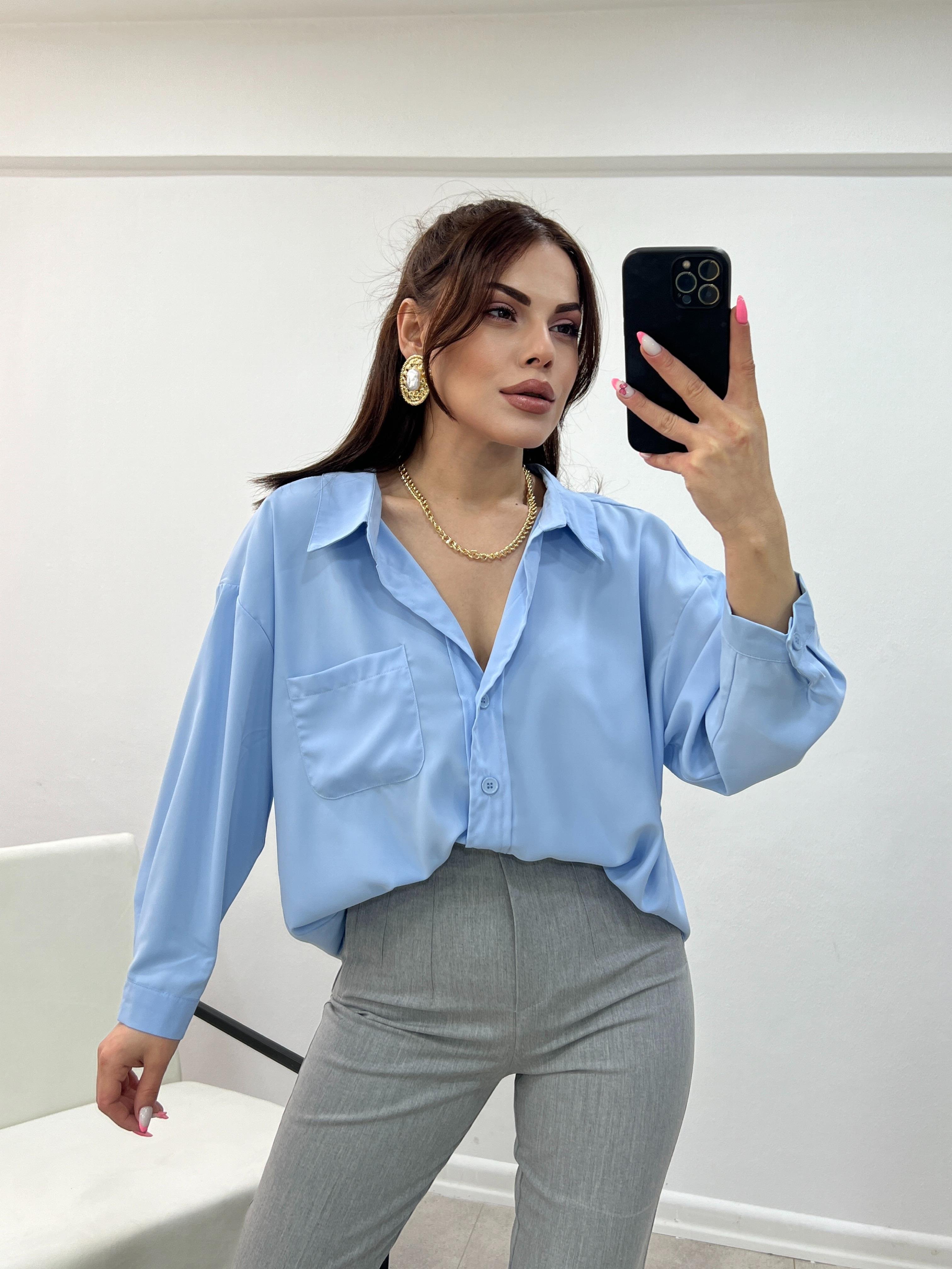 MAVİ GREP KUMAŞ OVERSİZE GÖMLEK