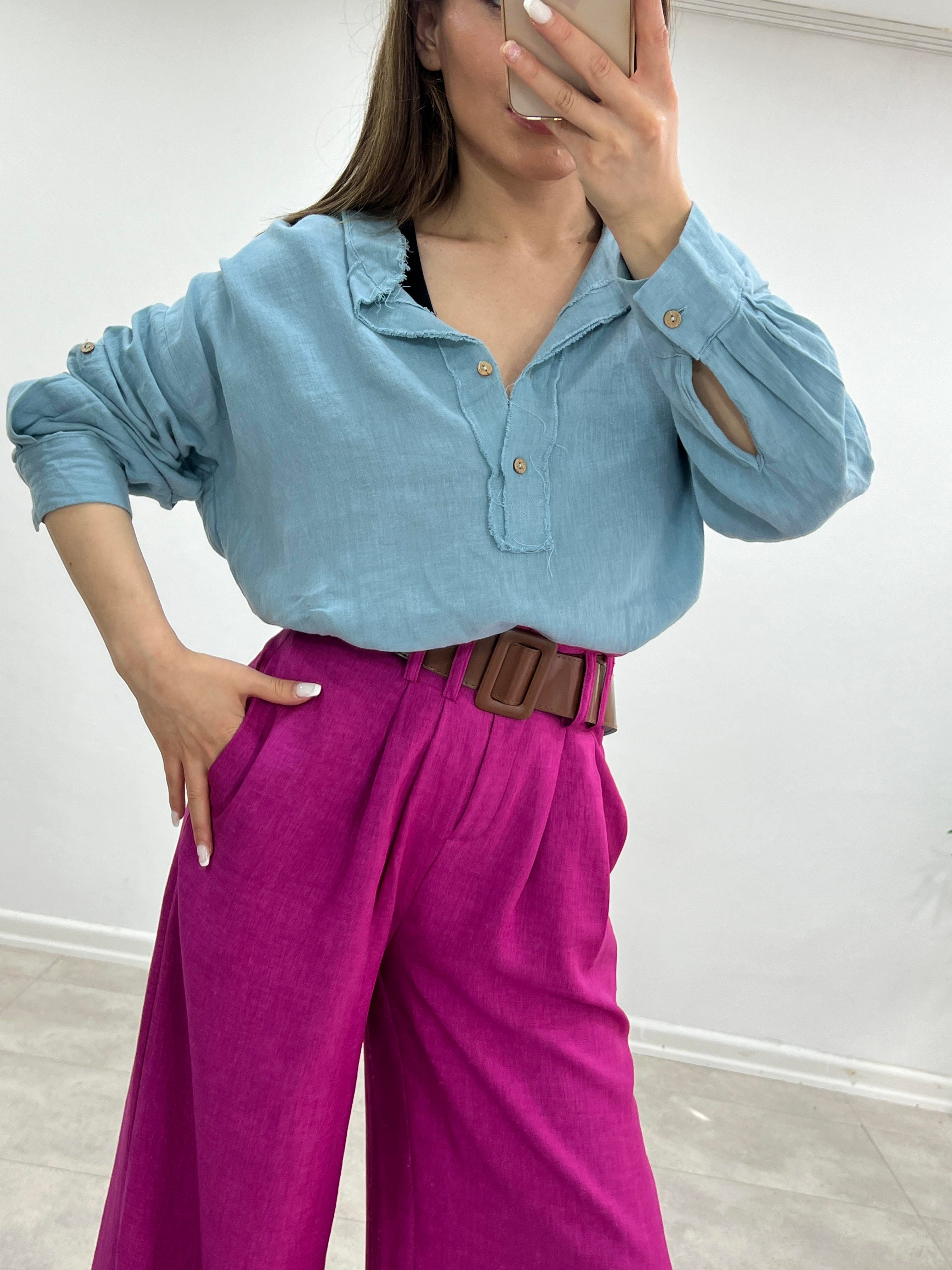 MAVİ HAKİM YAKA  KETEN GÖMLEK