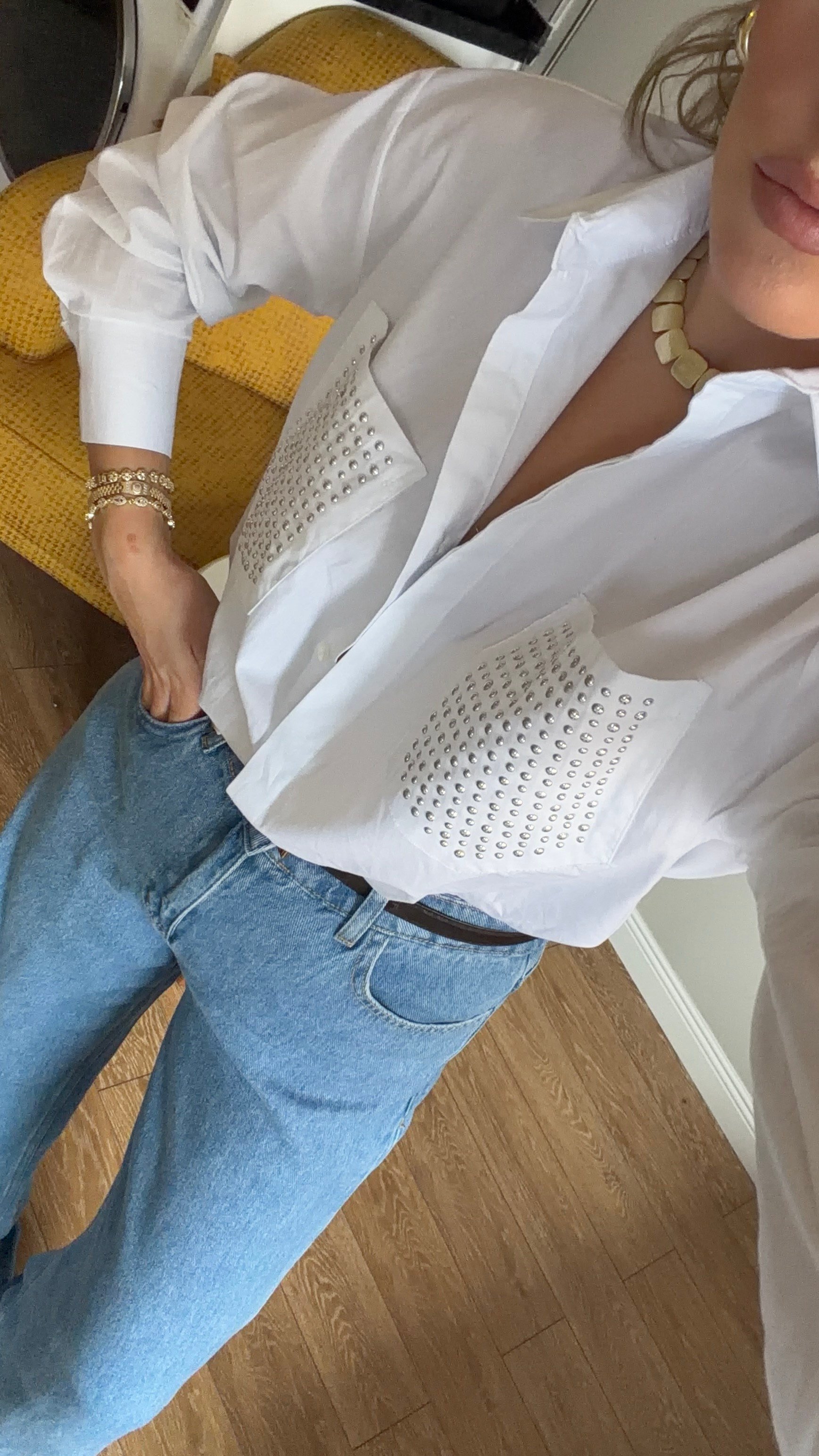 Metal Zımba Detaylı çift Cepli Beyaz Oversize Gömlek