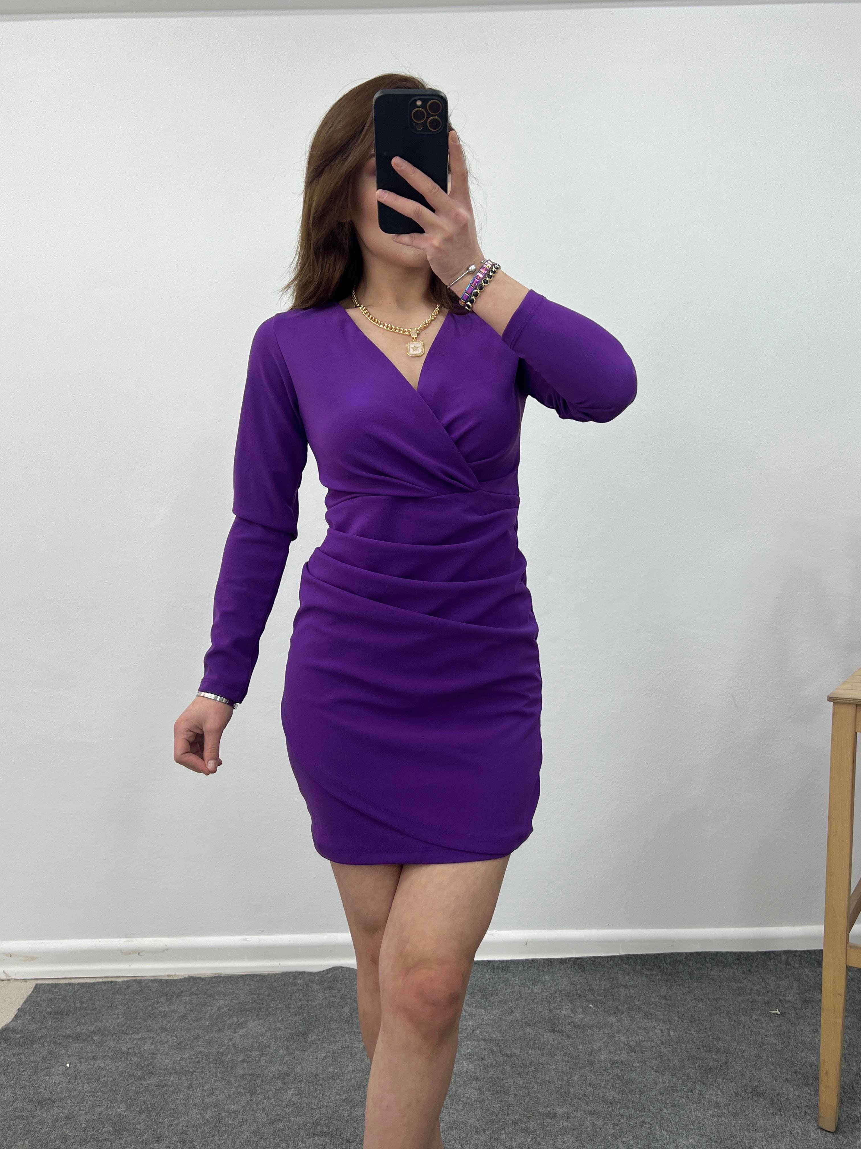 MOR KRUVAZE DRAPELİ ELBİSE