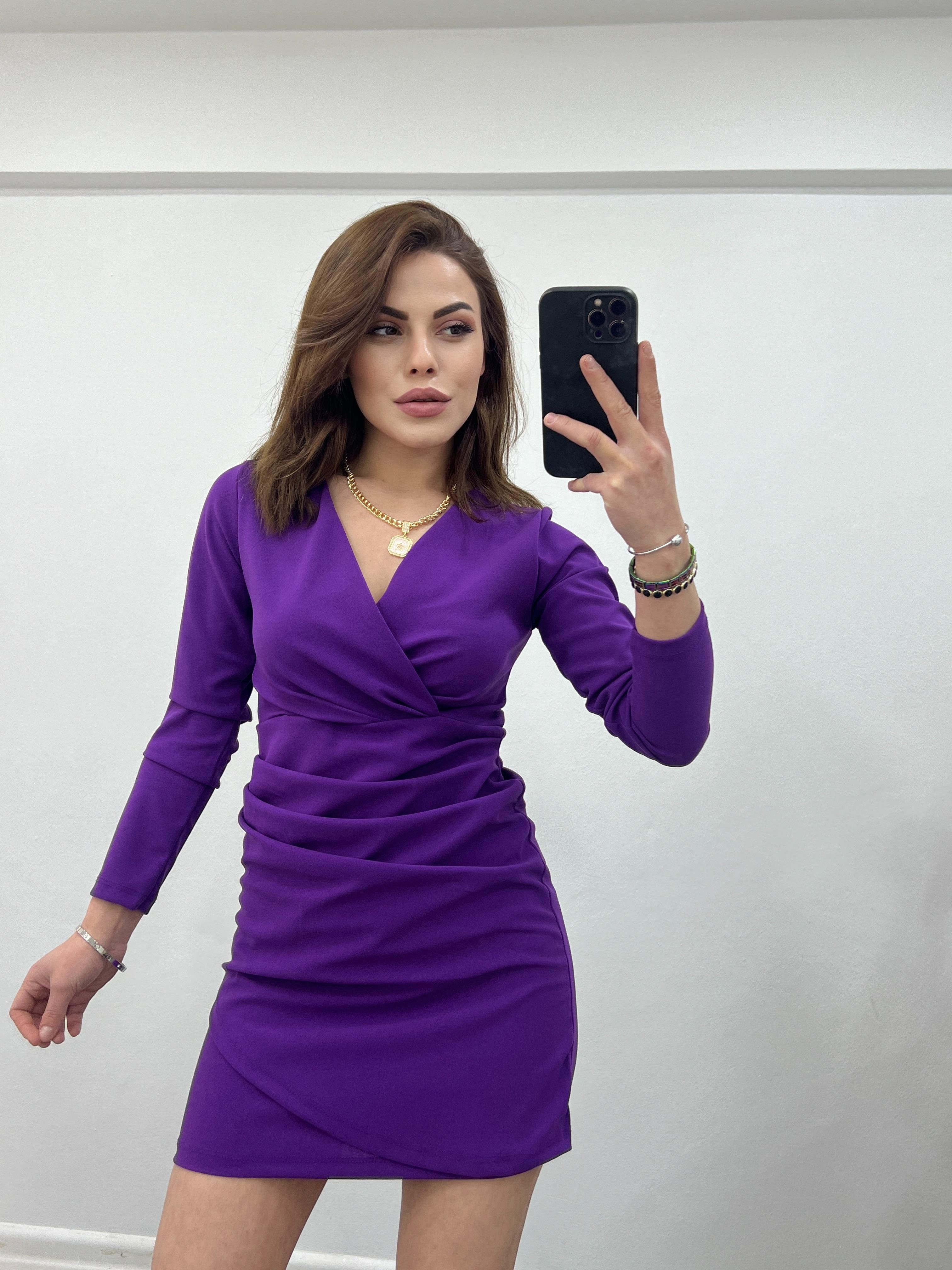 MOR KRUVAZE DRAPELİ ELBİSE