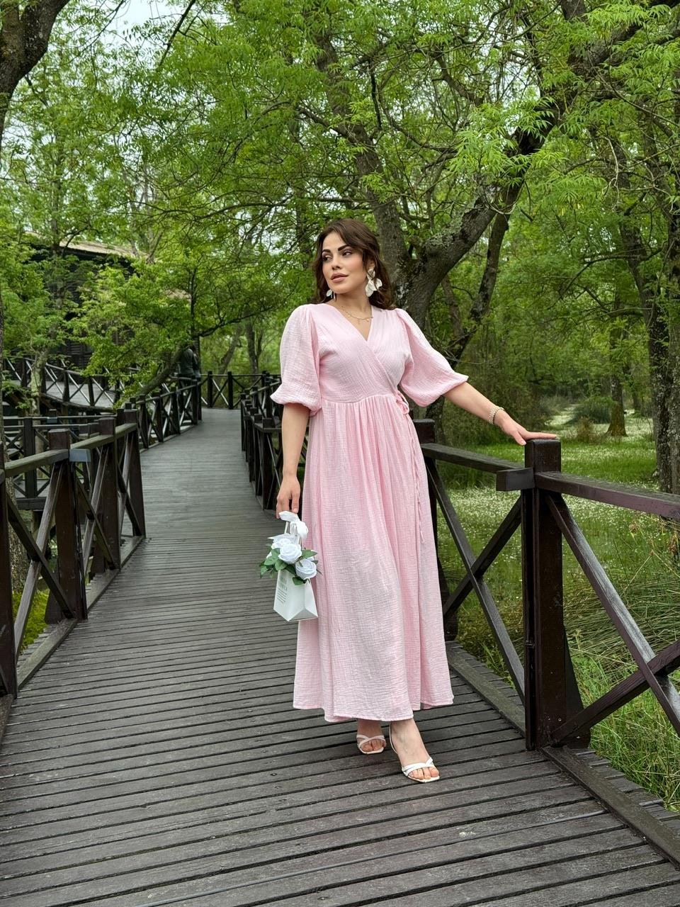 MÜSLİN KETEN UZUN ELBİSE PEMBE
