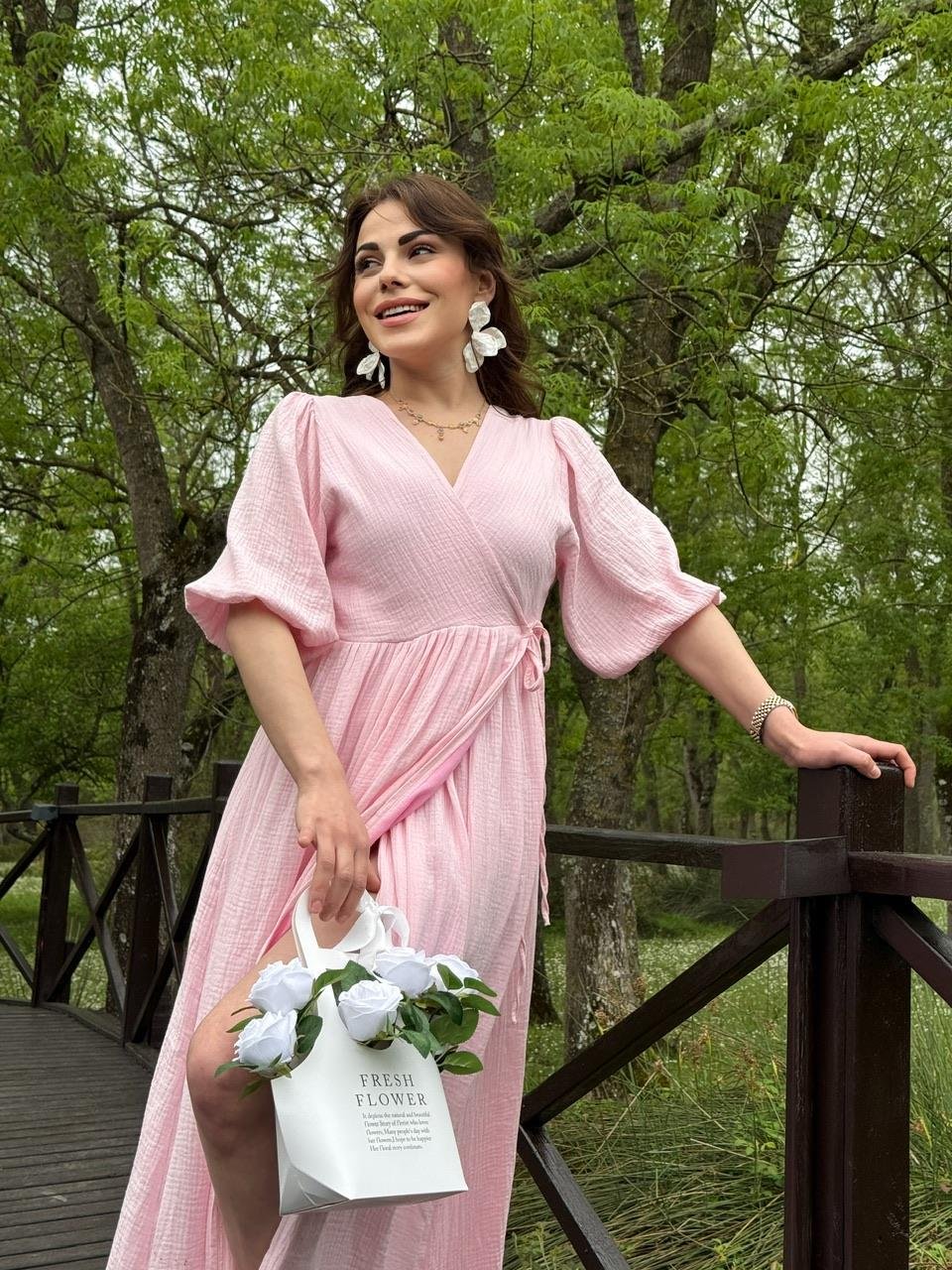 MÜSLİN KETEN UZUN ELBİSE PEMBE