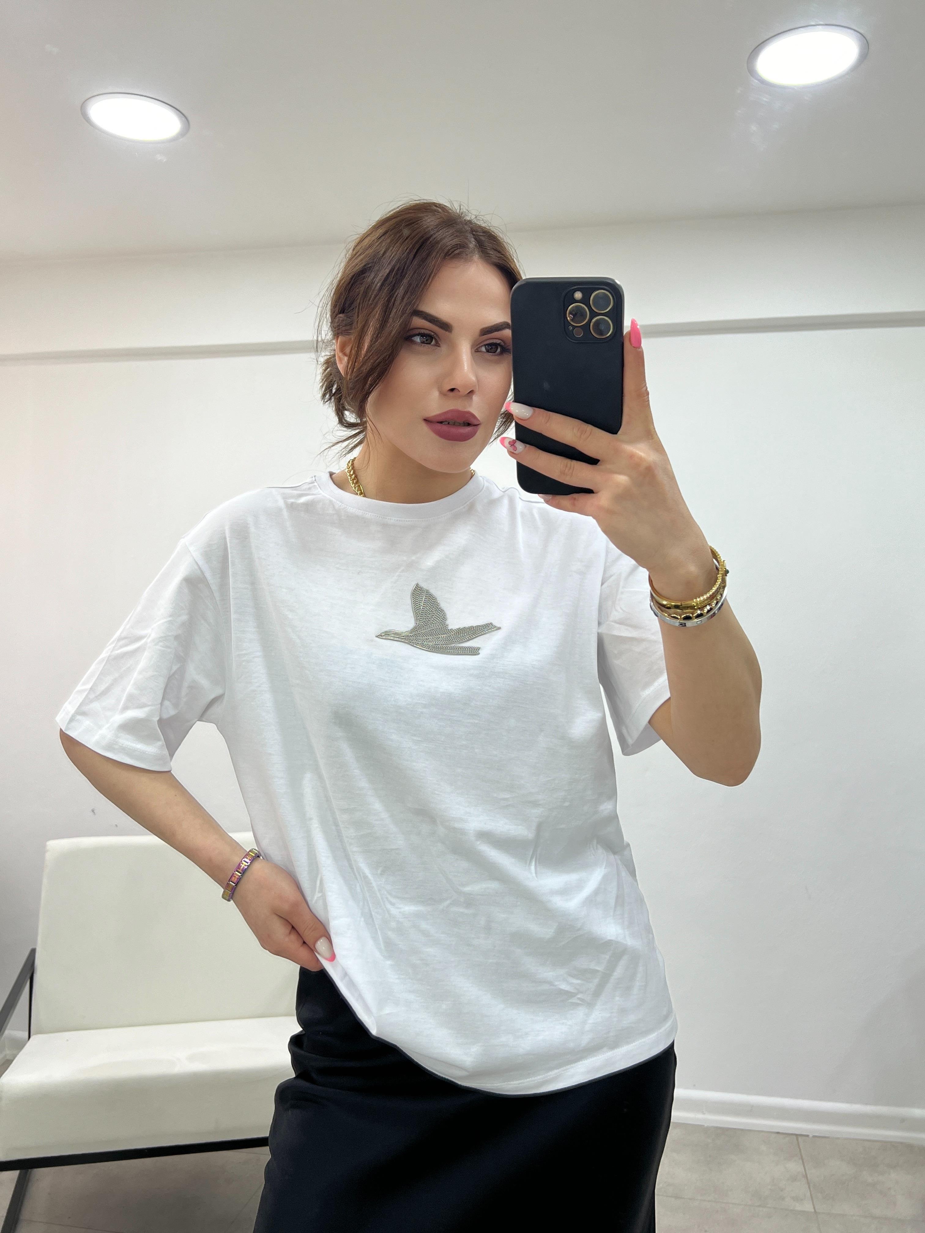 O.MARKA GÜMÜŞ TAŞLI BEYAZ TSHİRT