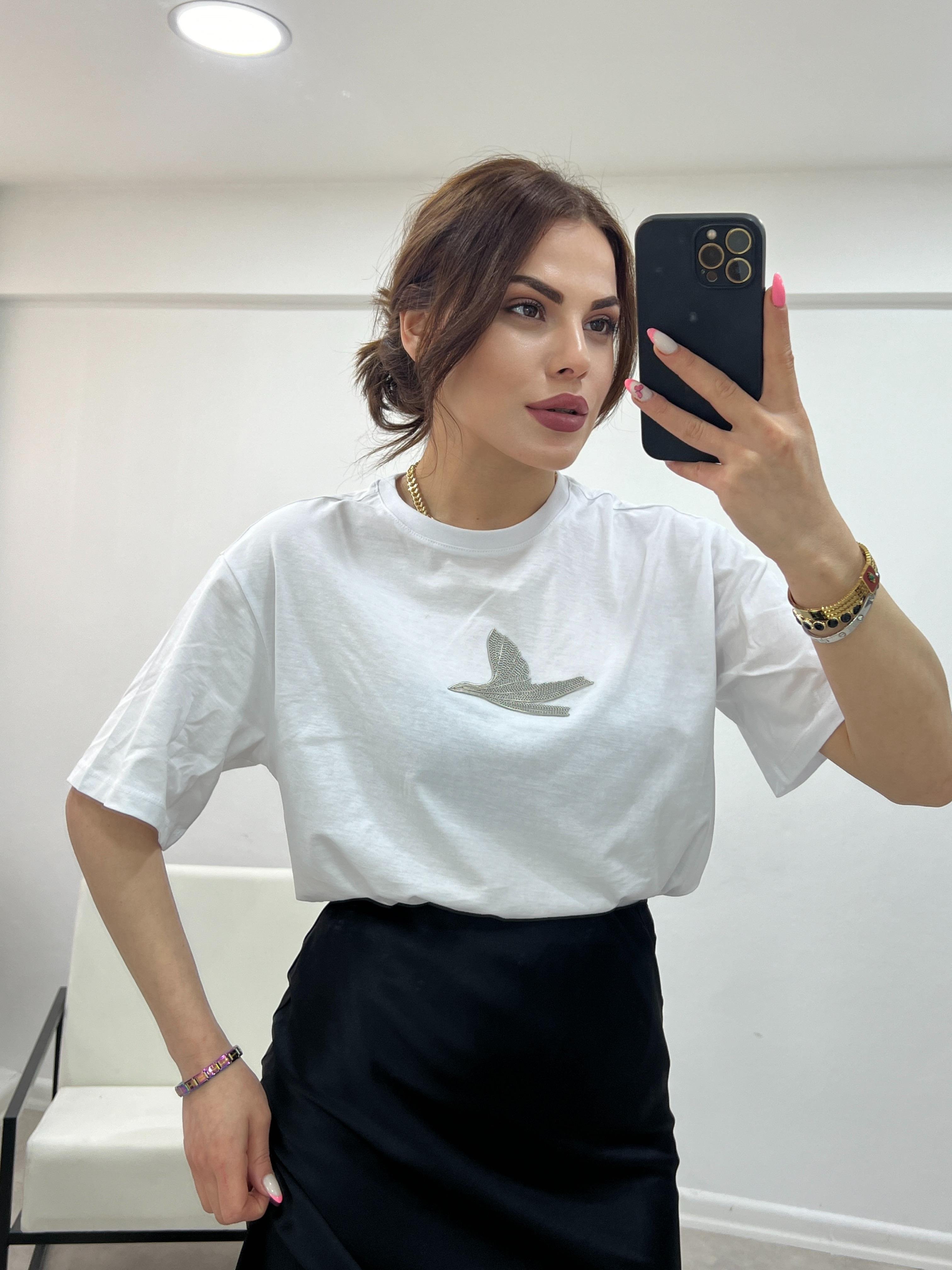O.MARKA GÜMÜŞ TAŞLI BEYAZ TSHİRT