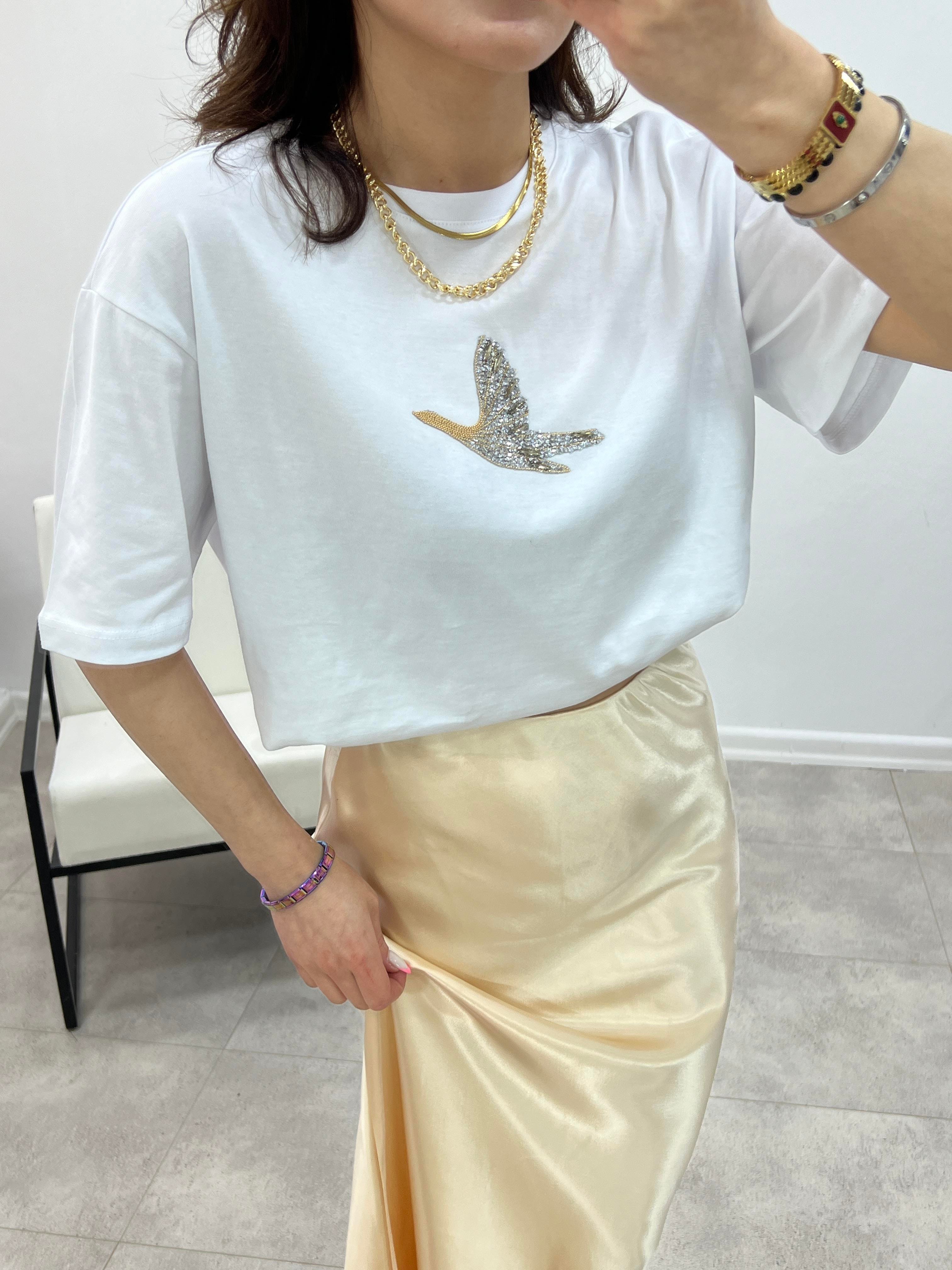 O.MARKA GOLD TAŞLI BEYAZ TSHİRT