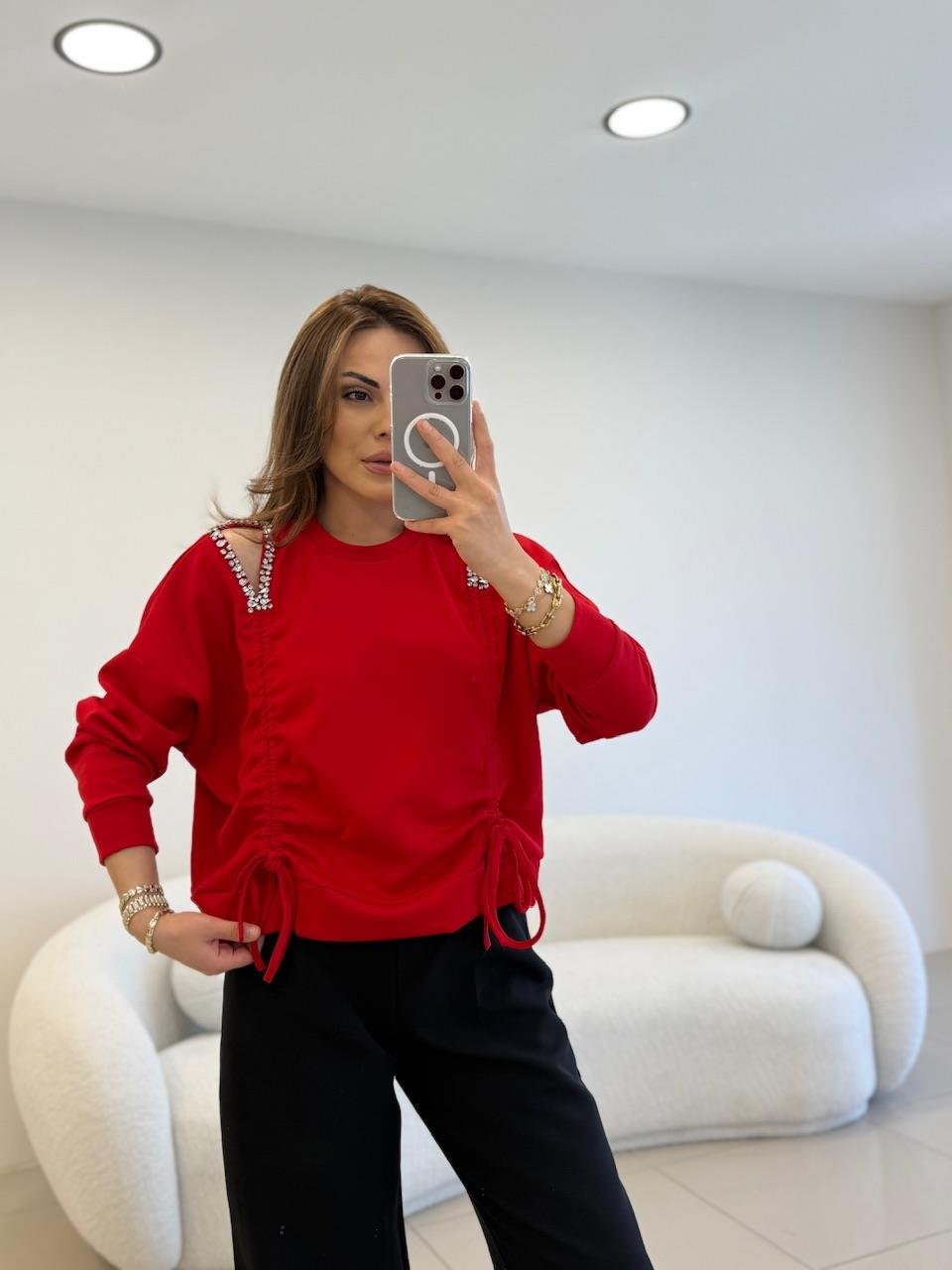 OMUZ DEKOLTELİ VE TAŞ DETAYLI SWEAT SİYAH