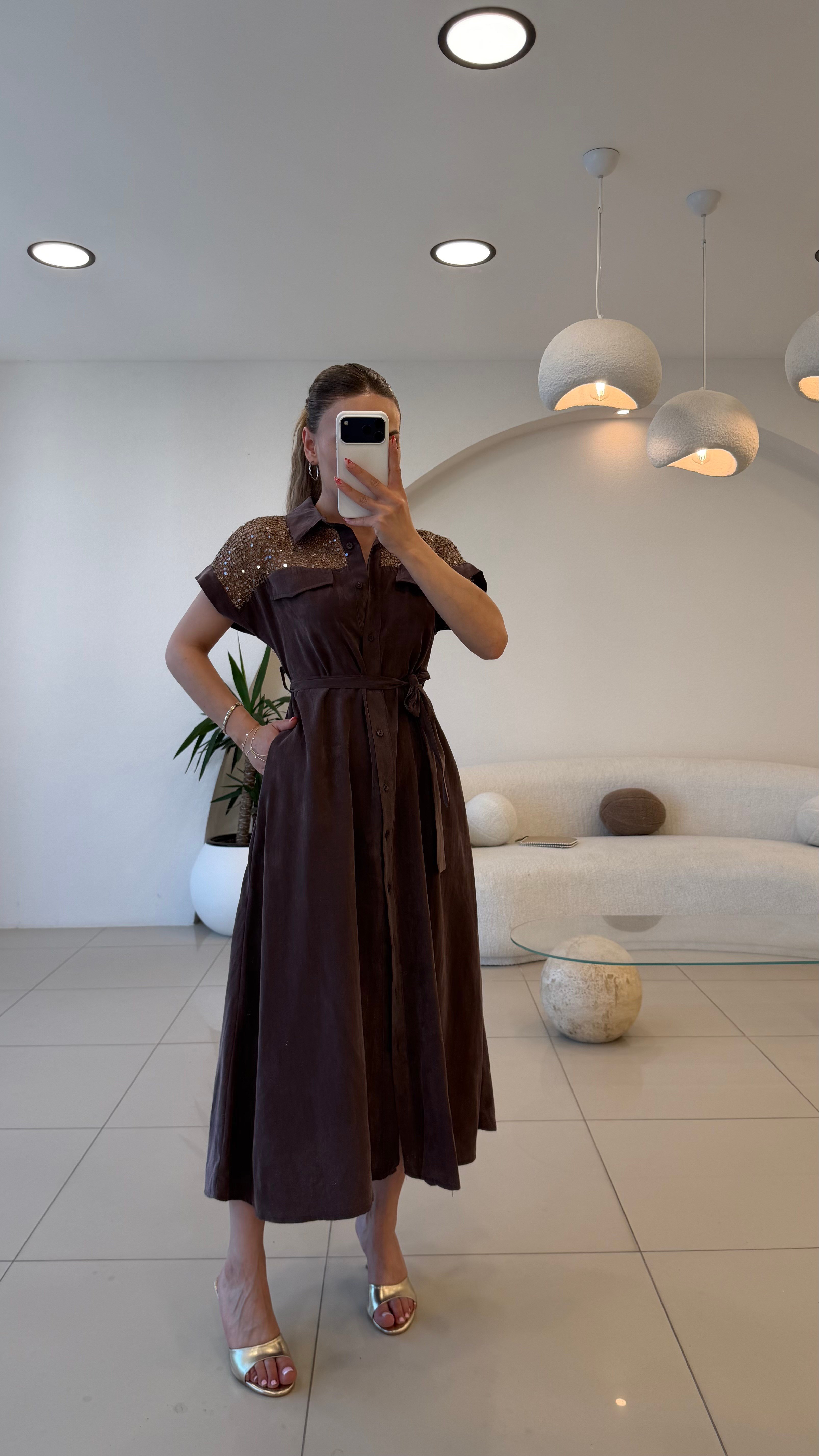 OMUZ FİLE DETAYLI GÖMLEK ELBİSE MÜRDÜM