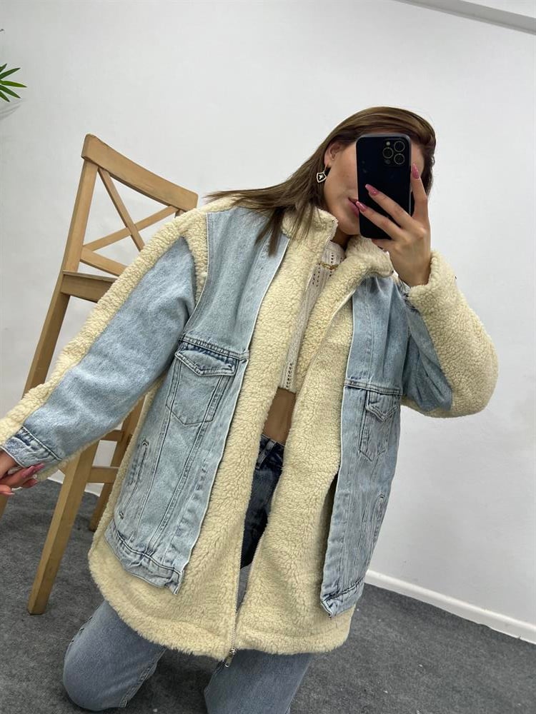 ÖN KISMI DENİM DETAYLI ASTARLI PELUŞ MONT