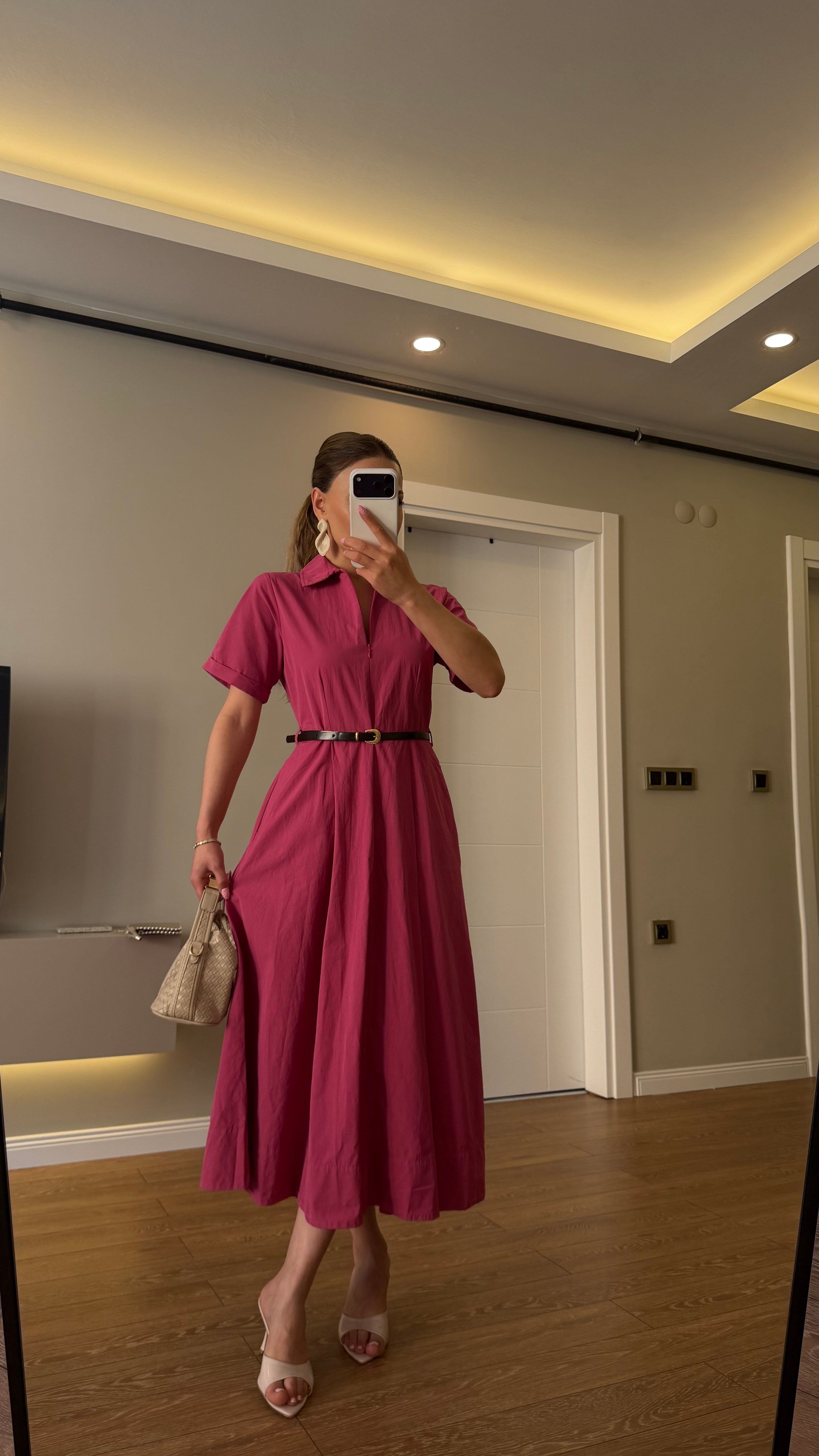 Önden Fermuarlı Kemerli Elbise  Pembe