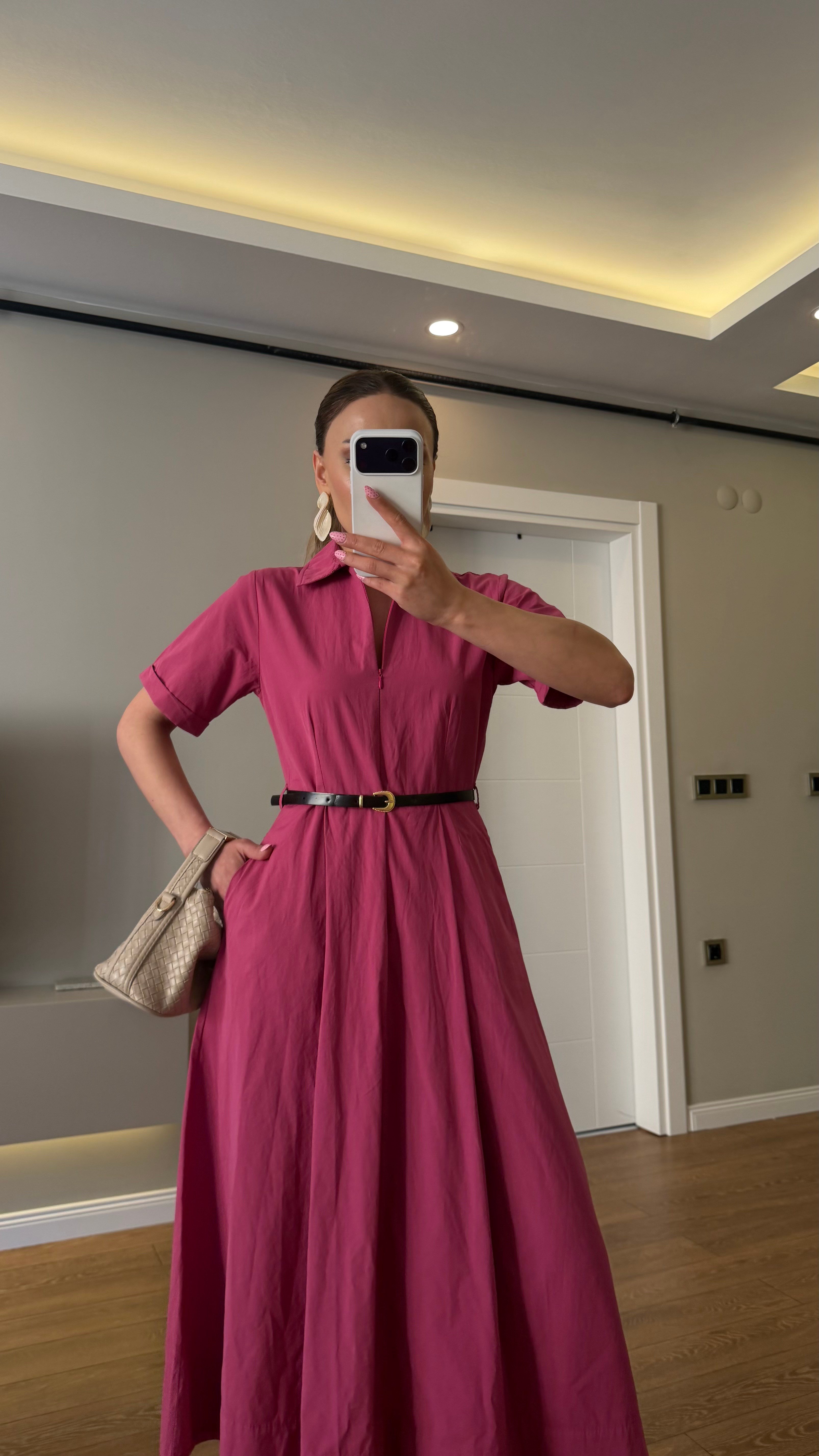 Önden Fermuarlı Kemerli Elbise  Pembe