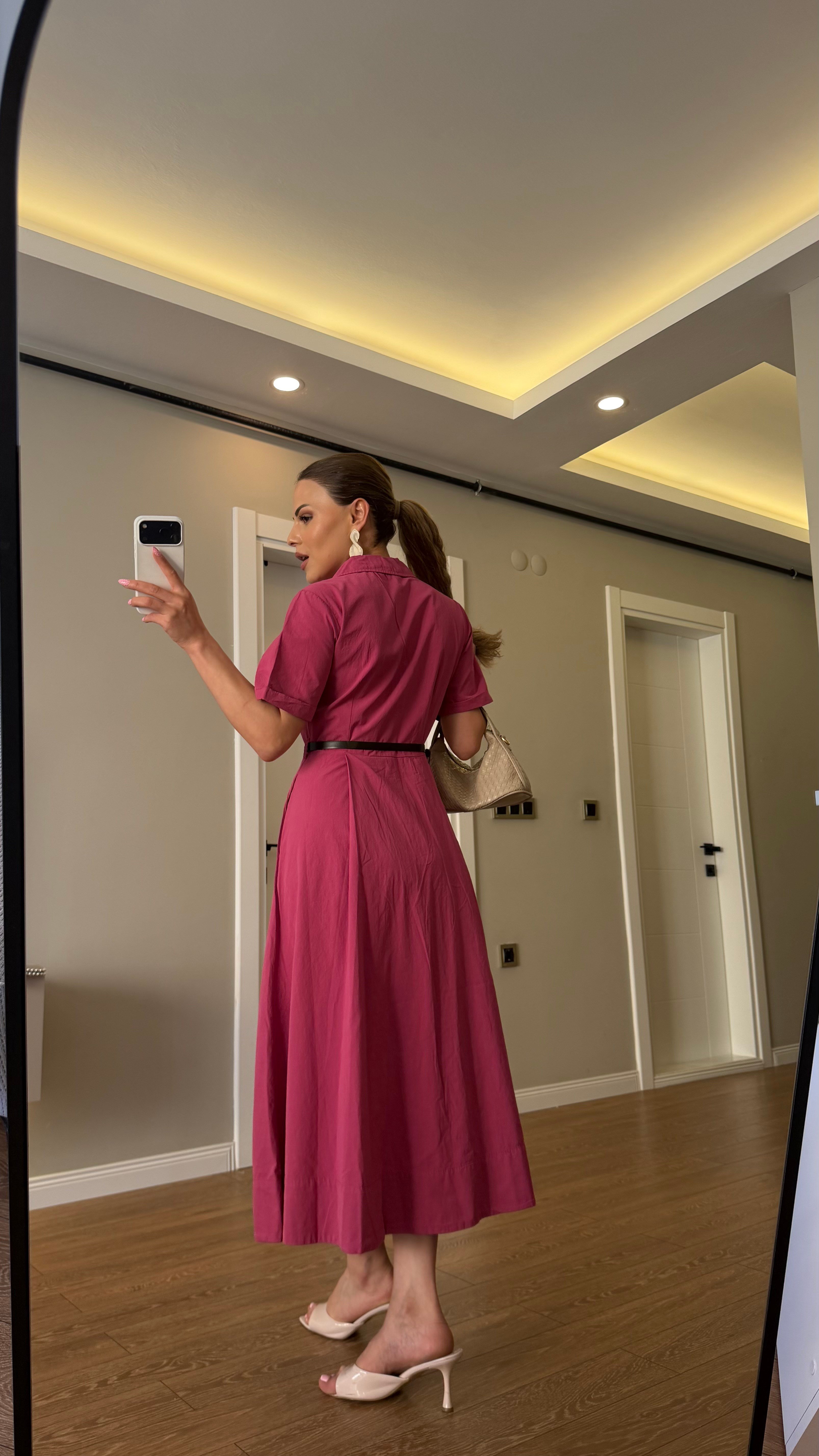 Önden Fermuarlı Kemerli Elbise  Pembe