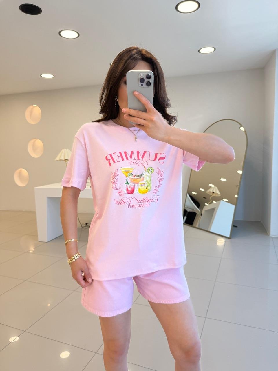 ÖNÜ BASKILI SUMMER TSHIRT PEMBE